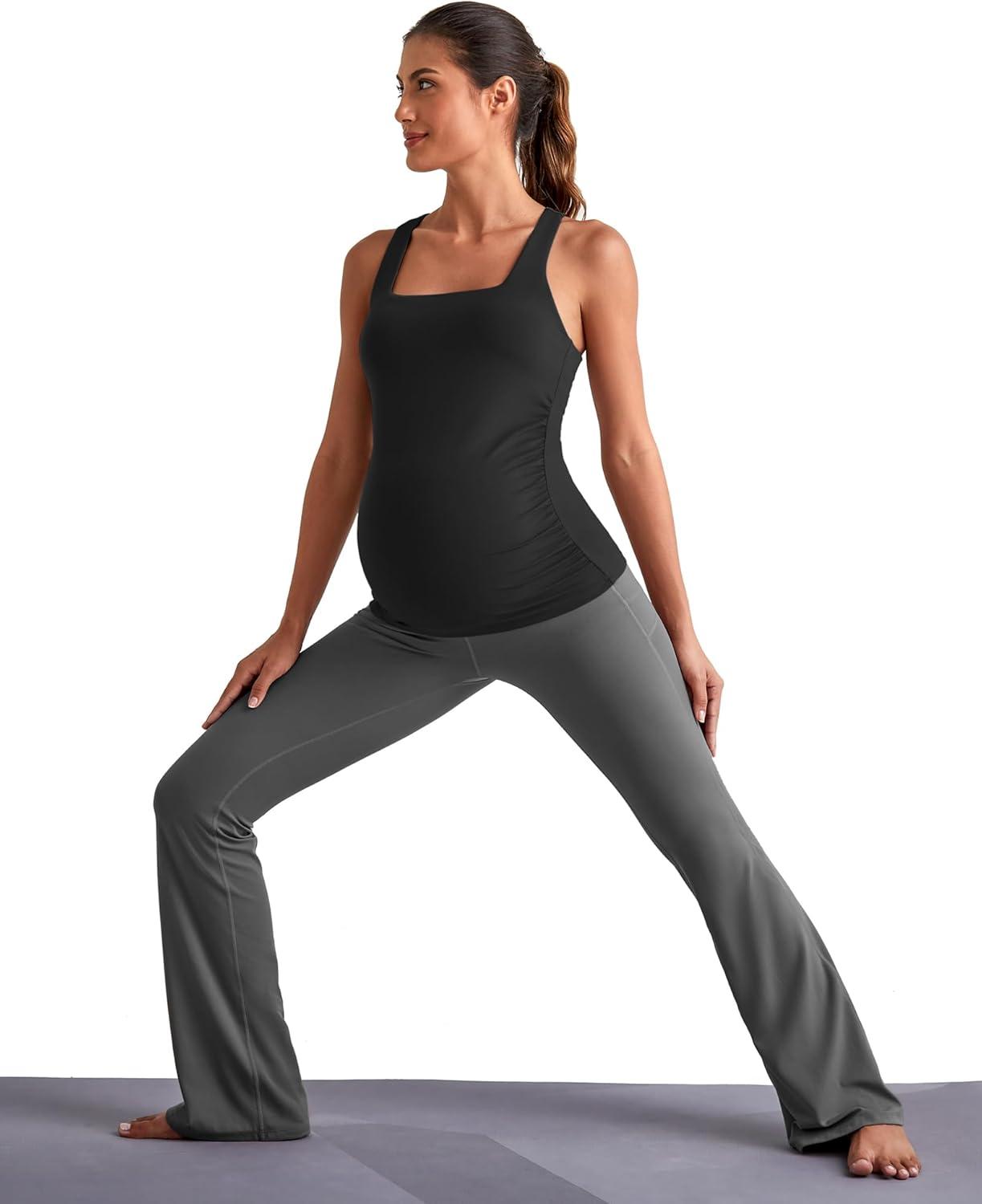 imageG4Free BareFeel Maternity Racerback Tank Tops with Built in Bra Ruched Sleeveless Square Neck Pregnancy Yoga Workout ShirtsBlack