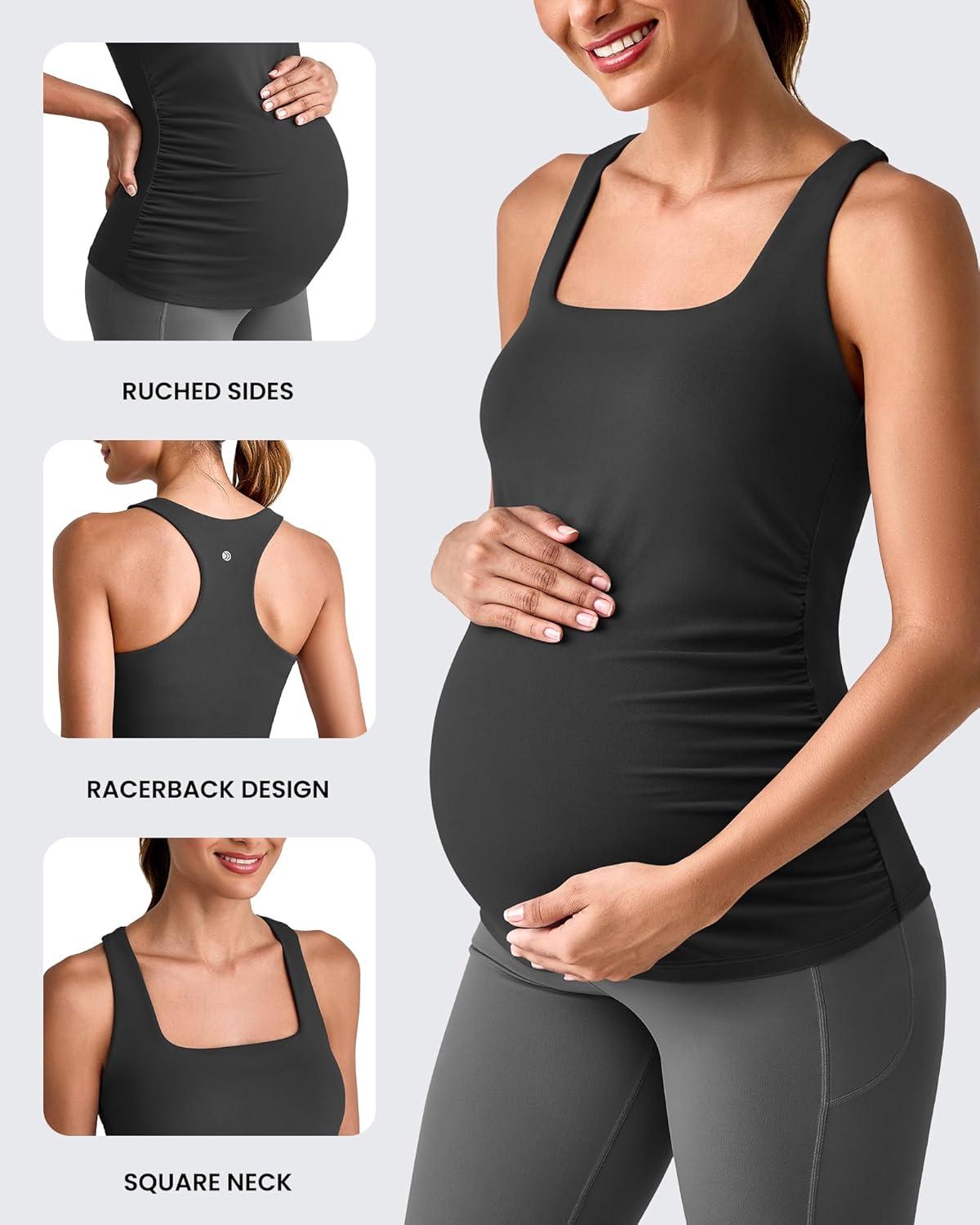imageG4Free BareFeel Maternity Racerback Tank Tops with Built in Bra Ruched Sleeveless Square Neck Pregnancy Yoga Workout ShirtsBlack