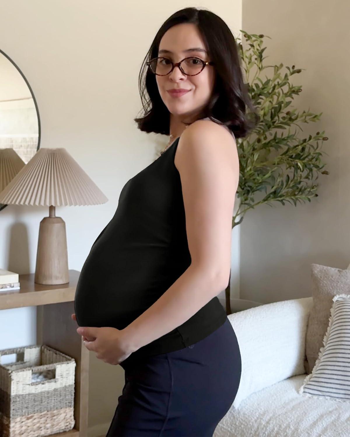 imageG4Free BareFeel Maternity Racerback Tank Tops with Built in Bra Ruched Sleeveless Square Neck Pregnancy Yoga Workout ShirtsBlack