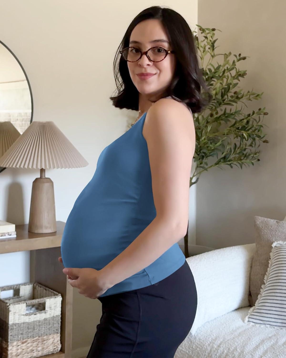 imageG4Free BareFeel Maternity Racerback Tank Tops with Built in Bra Ruched Sleeveless Square Neck Pregnancy Yoga Workout ShirtsBlue Gray