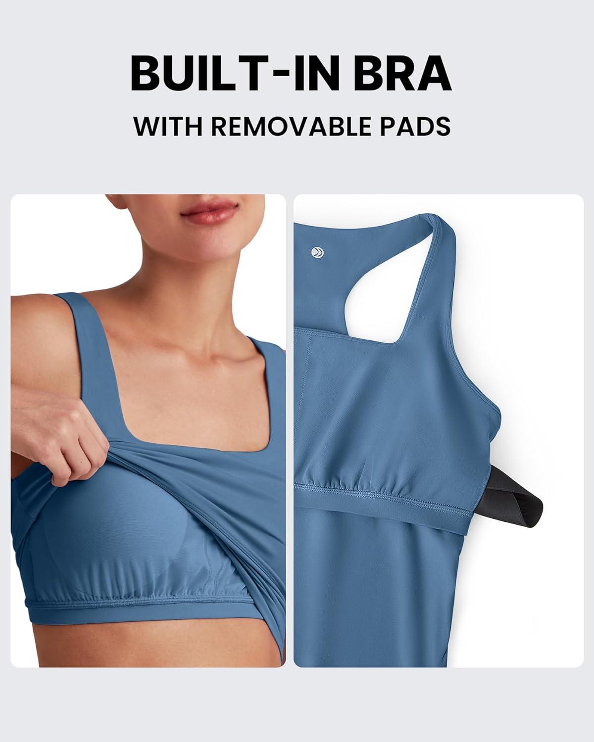 imageG4Free BareFeel Maternity Racerback Tank Tops with Built in Bra Ruched Sleeveless Square Neck Pregnancy Yoga Workout ShirtsBlue Gray