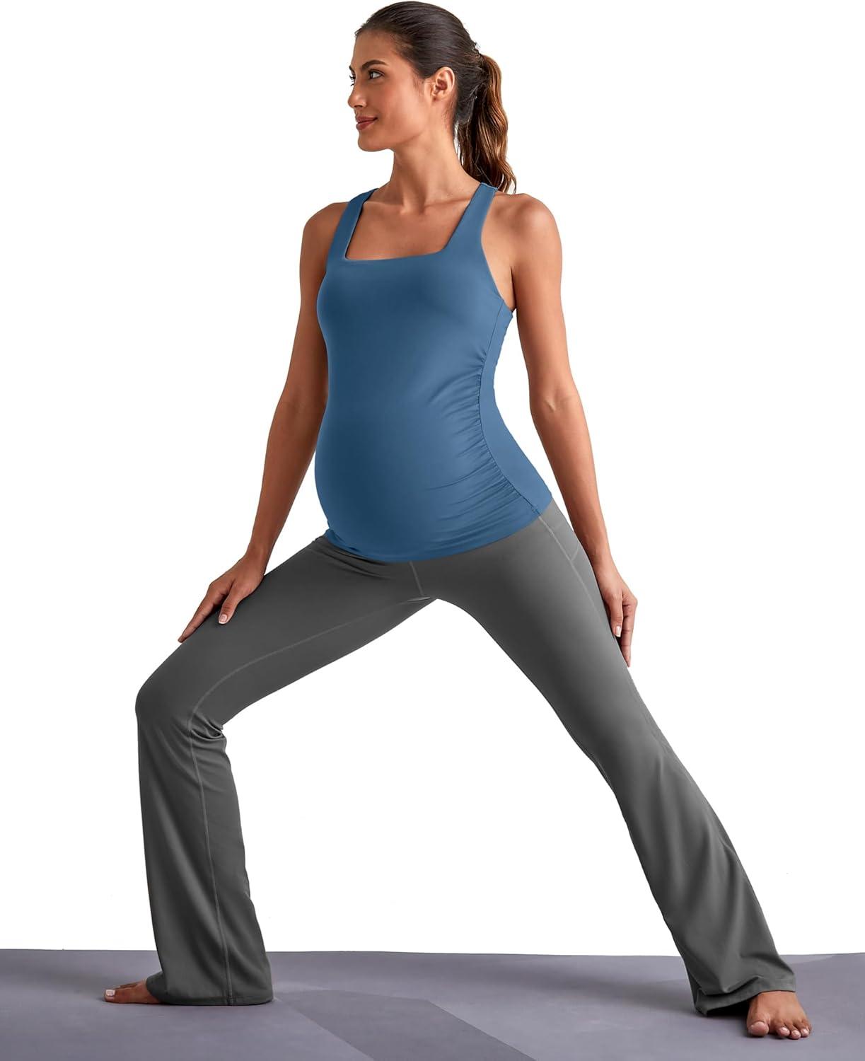 imageG4Free BareFeel Maternity Racerback Tank Tops with Built in Bra Ruched Sleeveless Square Neck Pregnancy Yoga Workout ShirtsBlue Gray