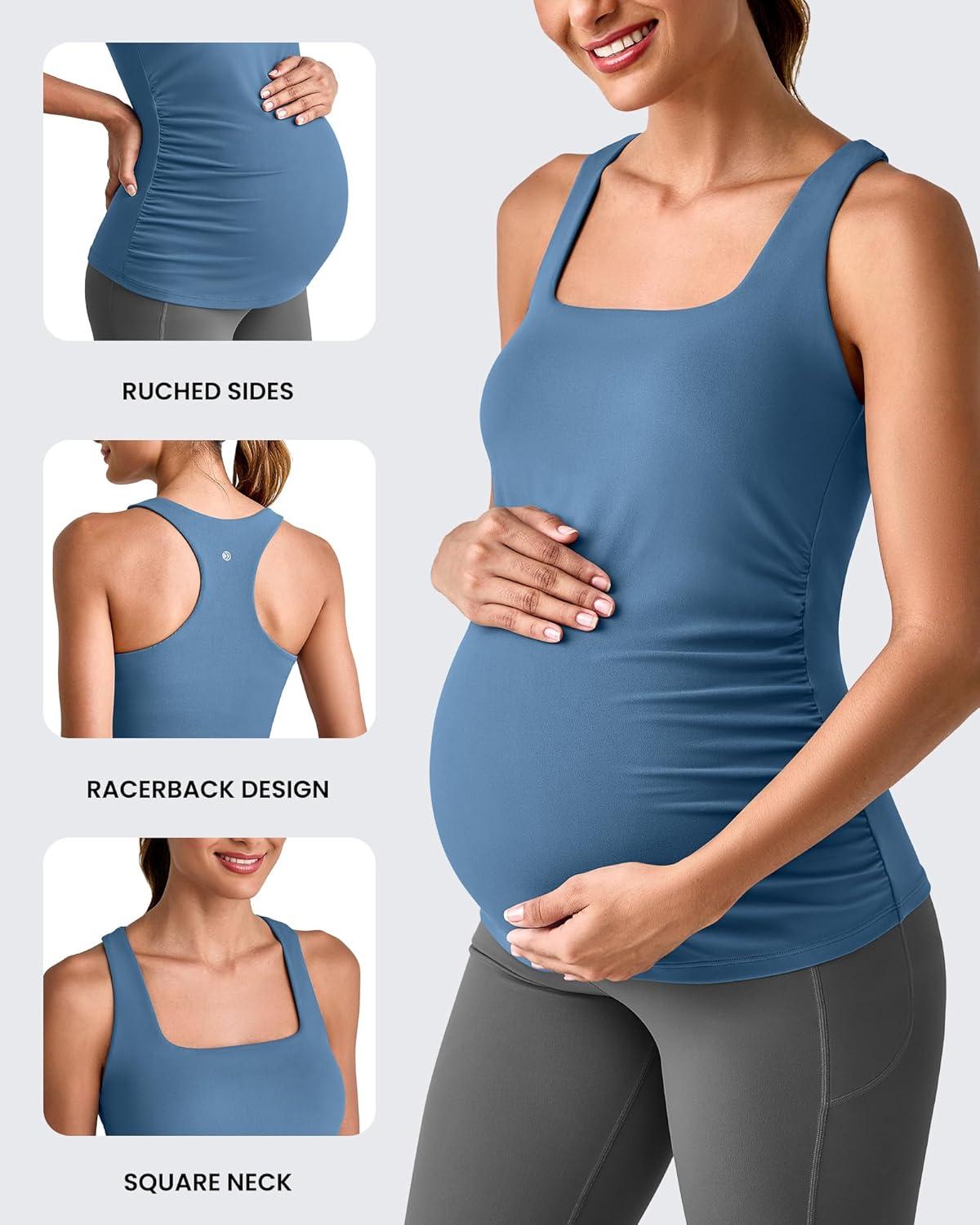 imageG4Free BareFeel Maternity Racerback Tank Tops with Built in Bra Ruched Sleeveless Square Neck Pregnancy Yoga Workout ShirtsBlue Gray