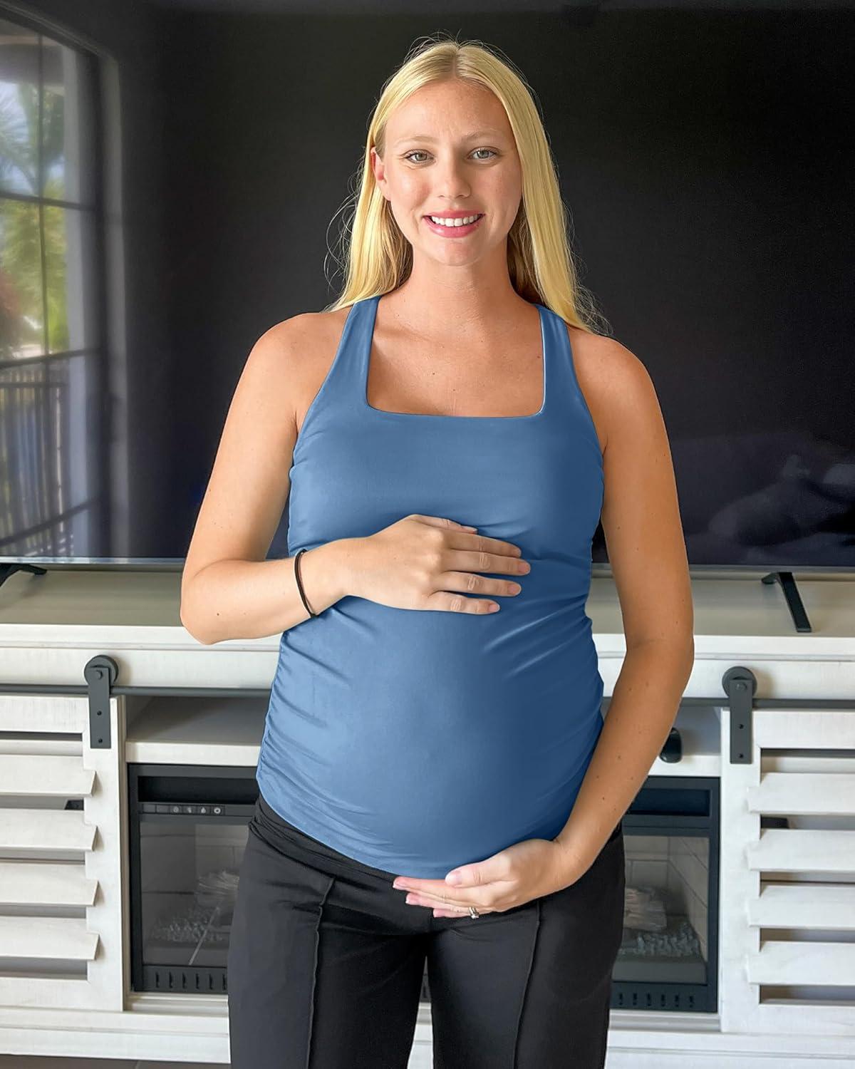 imageG4Free BareFeel Maternity Racerback Tank Tops with Built in Bra Ruched Sleeveless Square Neck Pregnancy Yoga Workout ShirtsBlue Gray