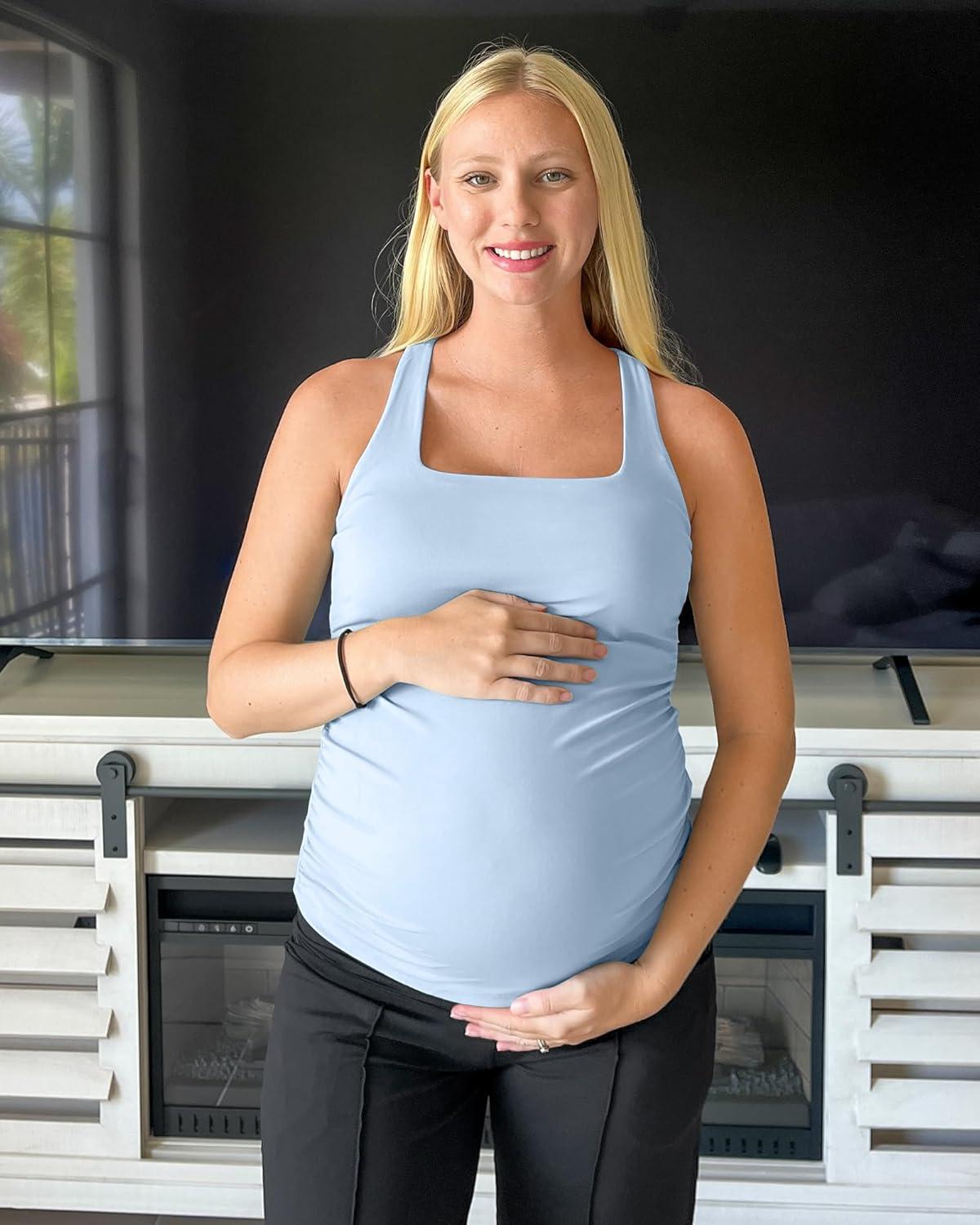 imageG4Free BareFeel Maternity Racerback Tank Tops with Built in Bra Ruched Sleeveless Square Neck Pregnancy Yoga Workout ShirtsLight Denim