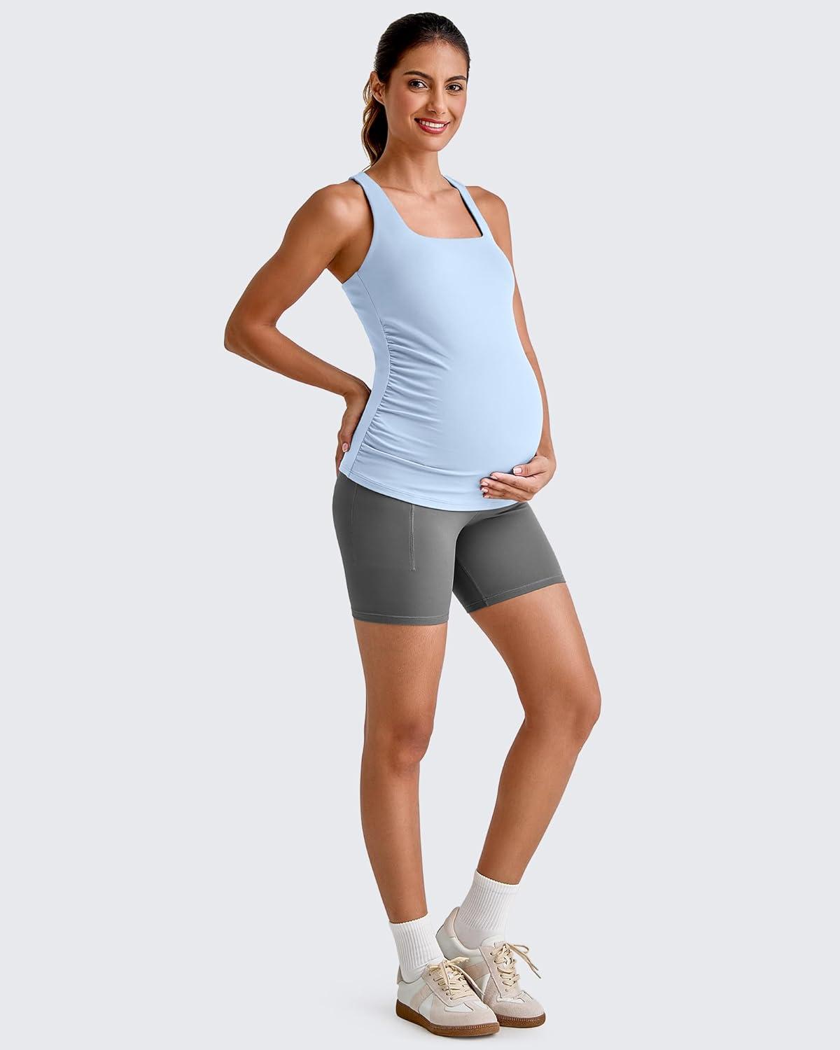imageG4Free BareFeel Maternity Racerback Tank Tops with Built in Bra Ruched Sleeveless Square Neck Pregnancy Yoga Workout ShirtsLight Denim