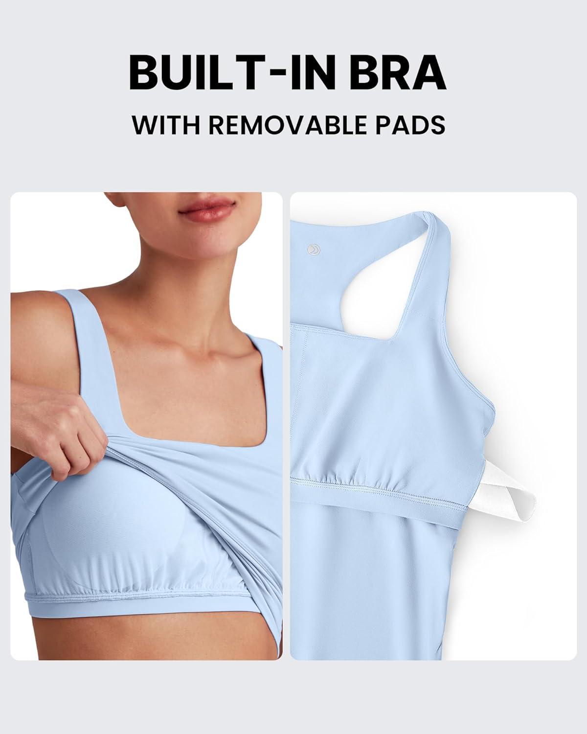 imageG4Free BareFeel Maternity Racerback Tank Tops with Built in Bra Ruched Sleeveless Square Neck Pregnancy Yoga Workout ShirtsLight Denim