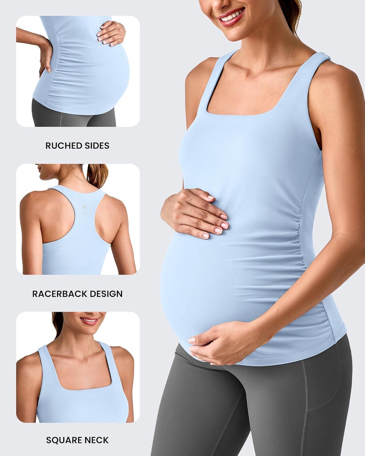 imageG4Free BareFeel Maternity Racerback Tank Tops with Built in Bra Ruched Sleeveless Square Neck Pregnancy Yoga Workout ShirtsLight Denim