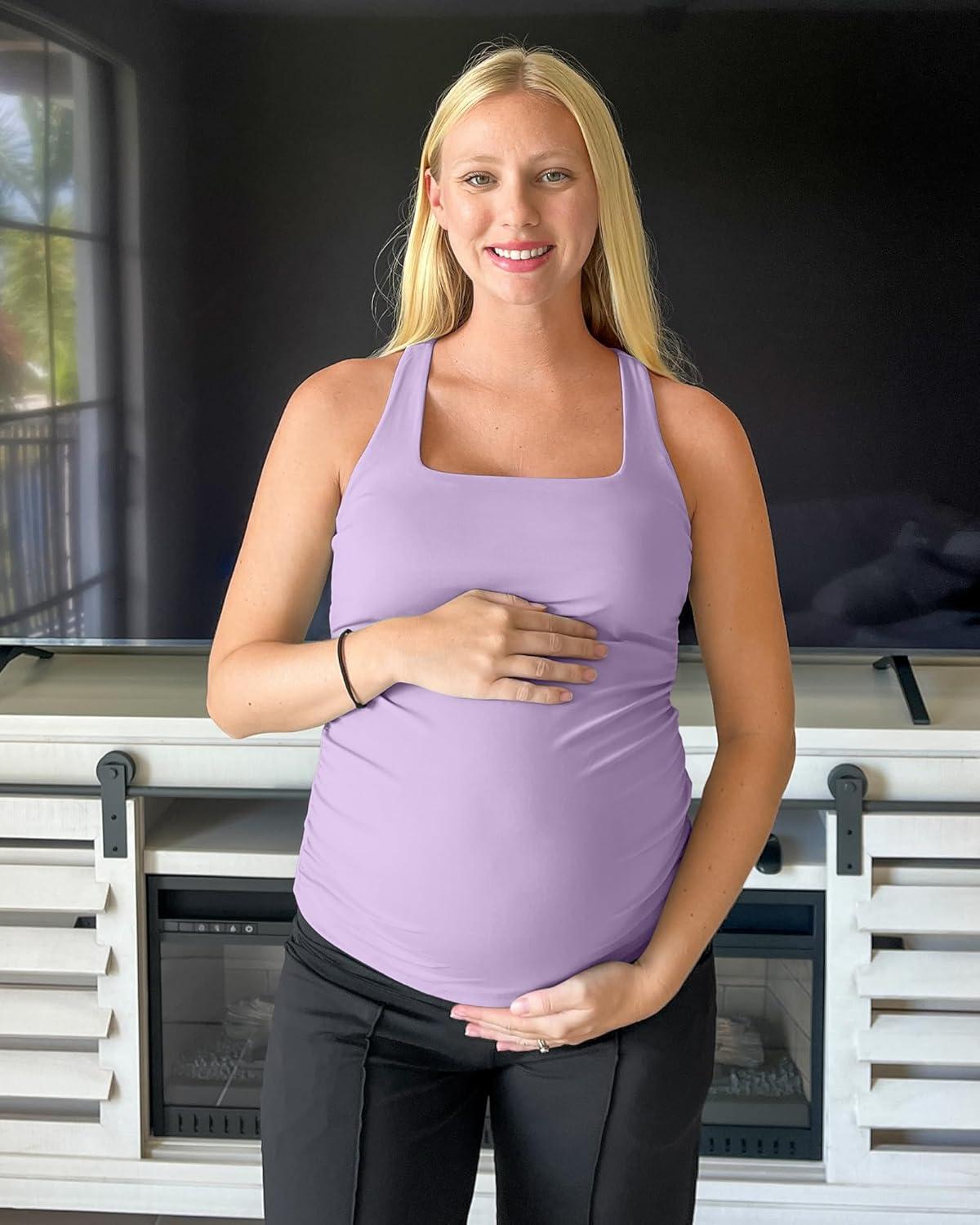 imageG4Free BareFeel Maternity Racerback Tank Tops with Built in Bra Ruched Sleeveless Square Neck Pregnancy Yoga Workout ShirtsLight Purple