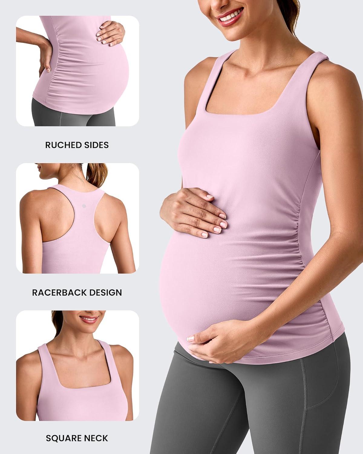 imageG4Free BareFeel Maternity Racerback Tank Tops with Built in Bra Ruched Sleeveless Square Neck Pregnancy Yoga Workout ShirtsPink