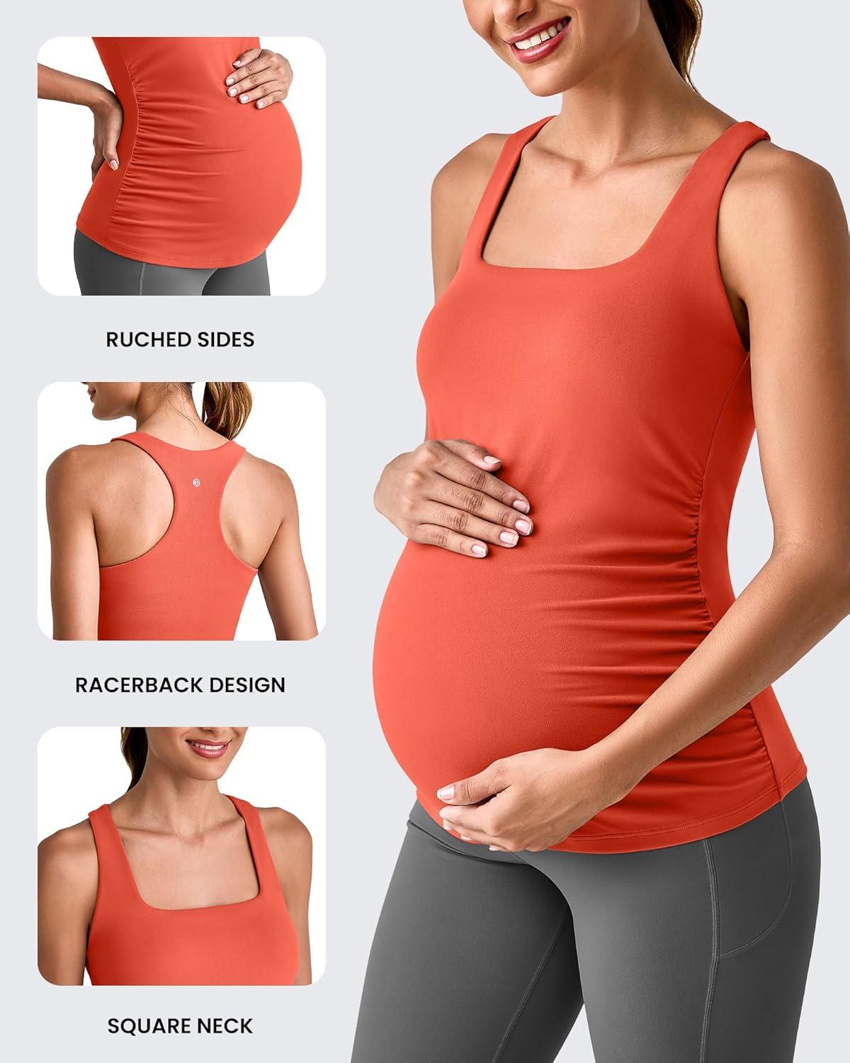 imageG4Free BareFeel Maternity Racerback Tank Tops with Built in Bra Ruched Sleeveless Square Neck Pregnancy Yoga Workout ShirtsRust Orange