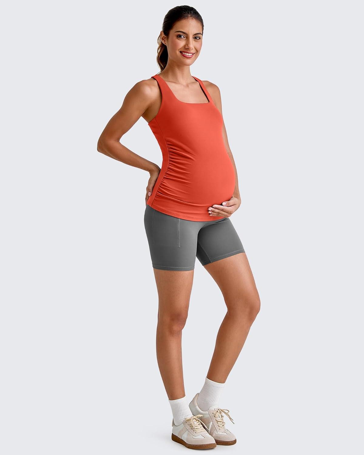 imageG4Free BareFeel Maternity Racerback Tank Tops with Built in Bra Ruched Sleeveless Square Neck Pregnancy Yoga Workout ShirtsRust Orange