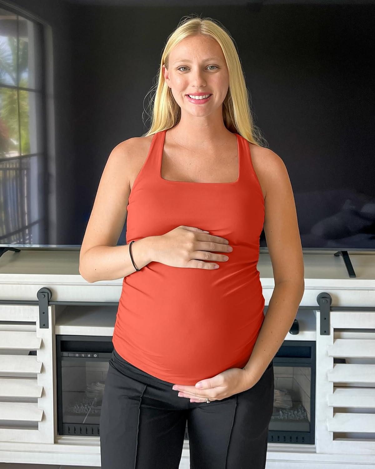 imageG4Free BareFeel Maternity Racerback Tank Tops with Built in Bra Ruched Sleeveless Square Neck Pregnancy Yoga Workout ShirtsRust Orange