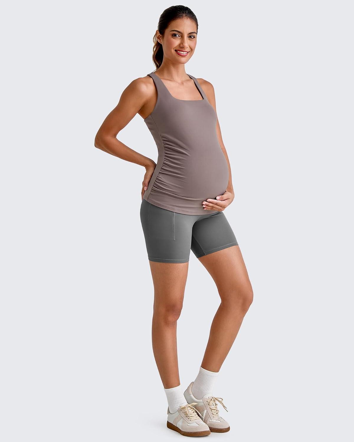 imageG4Free BareFeel Maternity Racerback Tank Tops with Built in Bra Ruched Sleeveless Square Neck Pregnancy Yoga Workout ShirtsTaupe