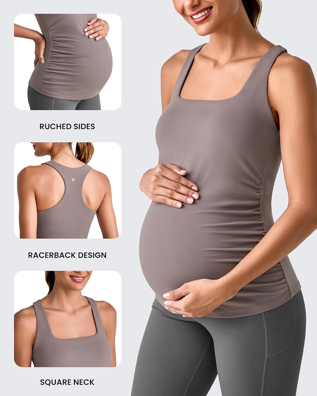 imageG4Free BareFeel Maternity Racerback Tank Tops with Built in Bra Ruched Sleeveless Square Neck Pregnancy Yoga Workout ShirtsTaupe