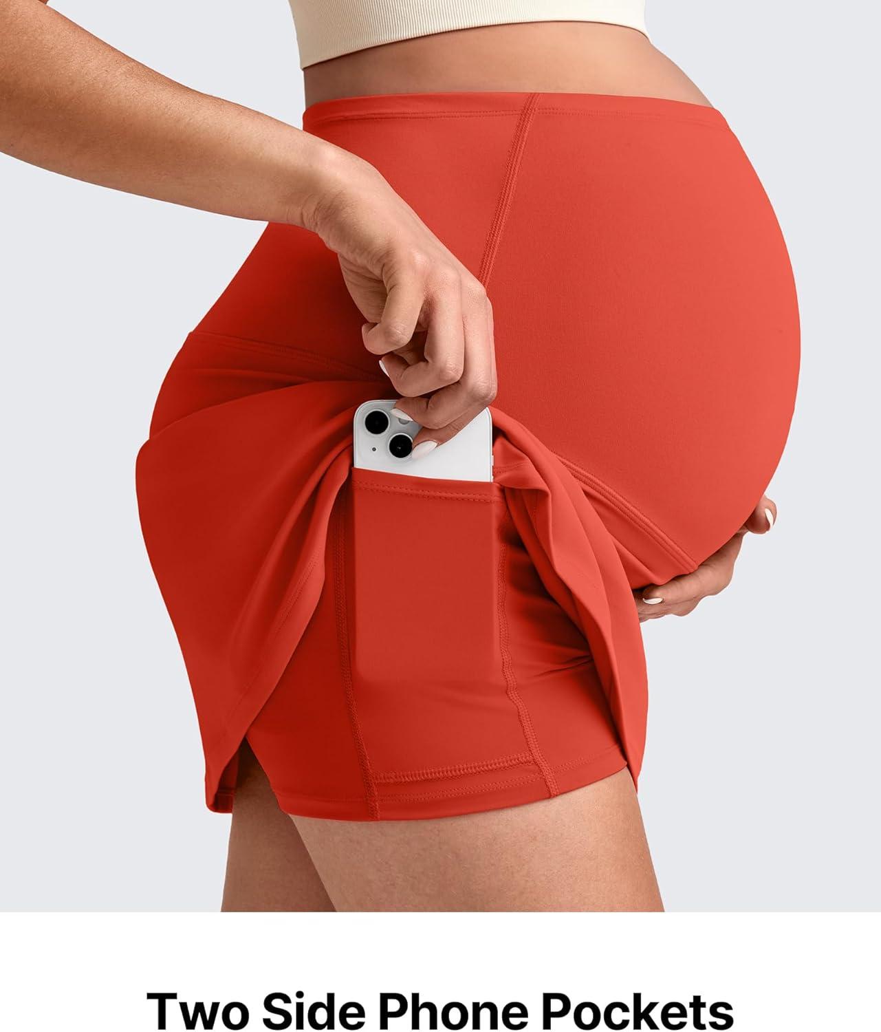 imageG4Free BareFeel Maternity Tennis Skirt with 2 Pockets Inner Shorts Over The Belly Stretchy Pregnancy Workout Skorts GolfRust Orange