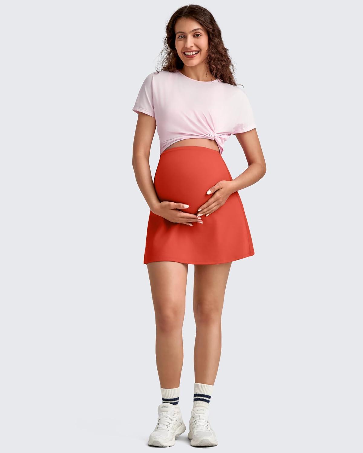 imageG4Free BareFeel Maternity Tennis Skirt with 2 Pockets Inner Shorts Over The Belly Stretchy Pregnancy Workout Skorts GolfRust Orange