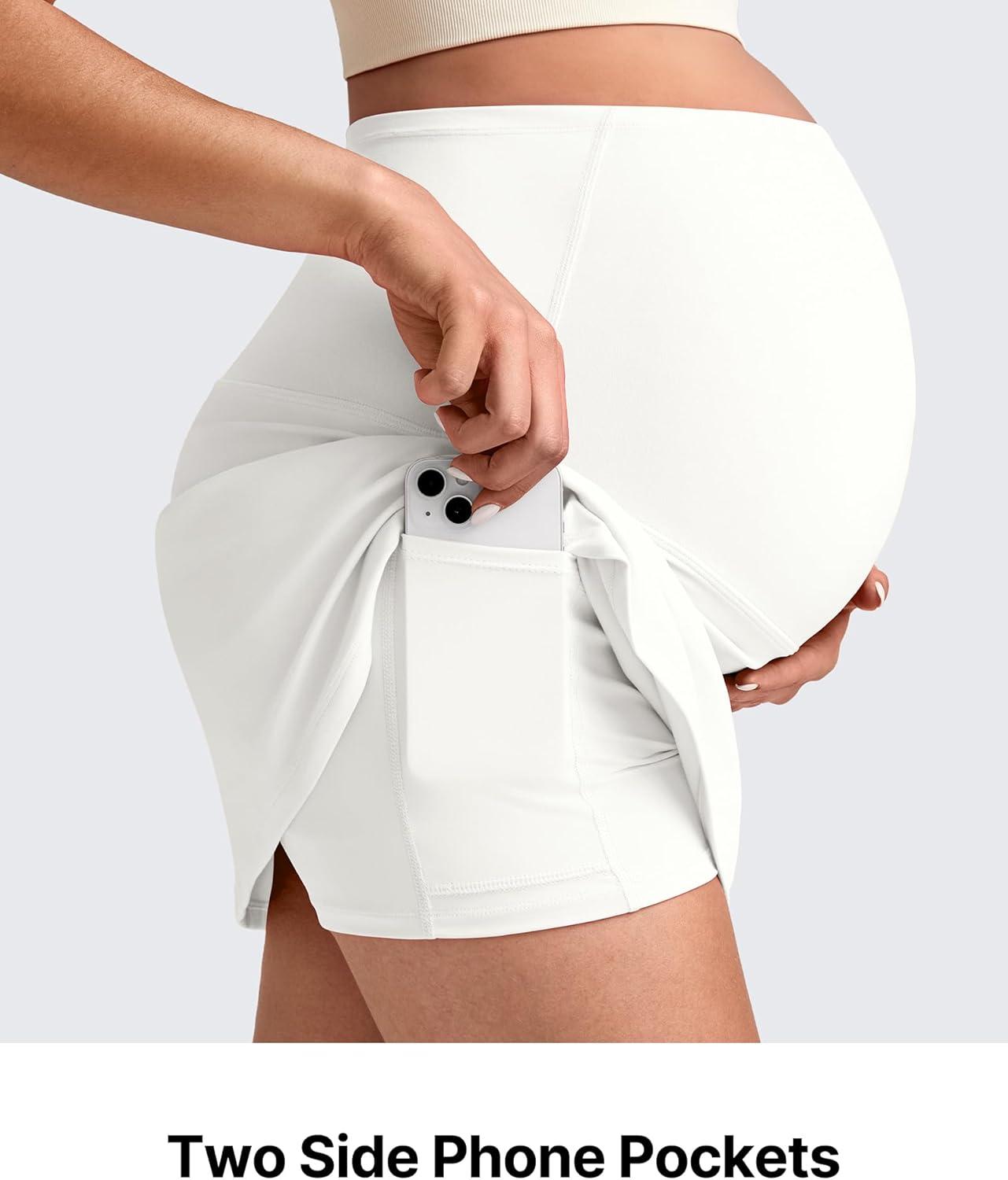 imageG4Free BareFeel Maternity Tennis Skirt with 2 Pockets Inner Shorts Over The Belly Stretchy Pregnancy Workout Skorts GolfWhite