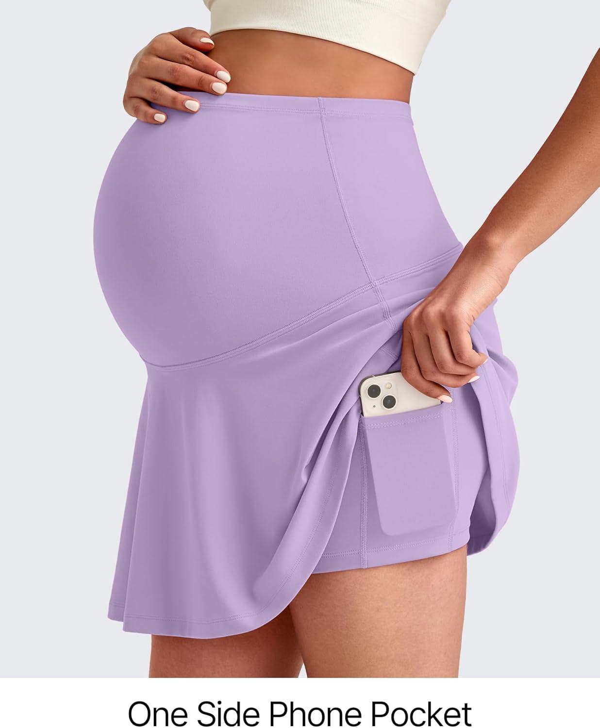imageG4Free BareFeel Maternity Tennis Skirt with One Pocket Over The Belly Stretchy Pregnancy Workout Skorts Inner Shorts GolfLight Purple