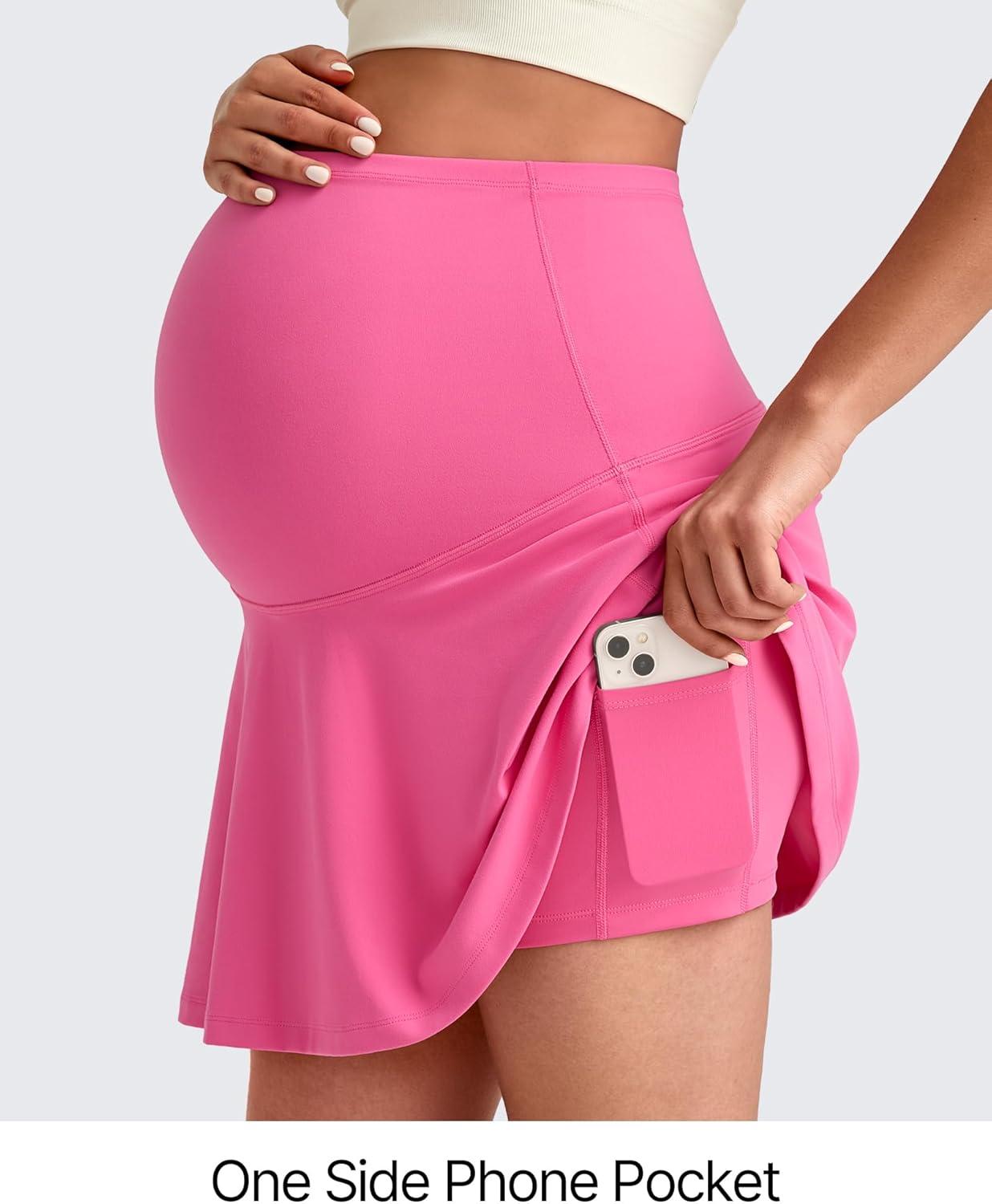 imageG4Free BareFeel Maternity Tennis Skirt with One Pocket Over The Belly Stretchy Pregnancy Workout Skorts Inner Shorts GolfRose Pink