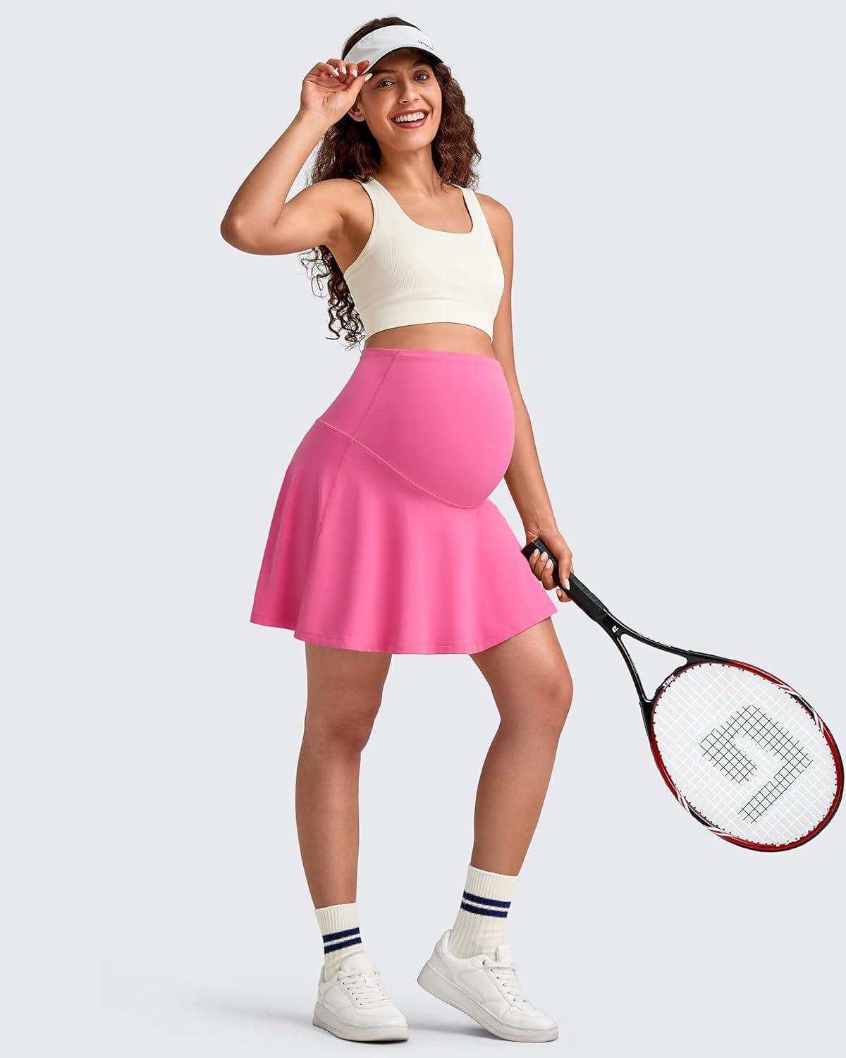 imageG4Free BareFeel Maternity Tennis Skirt with One Pocket Over The Belly Stretchy Pregnancy Workout Skorts Inner Shorts GolfRose Pink