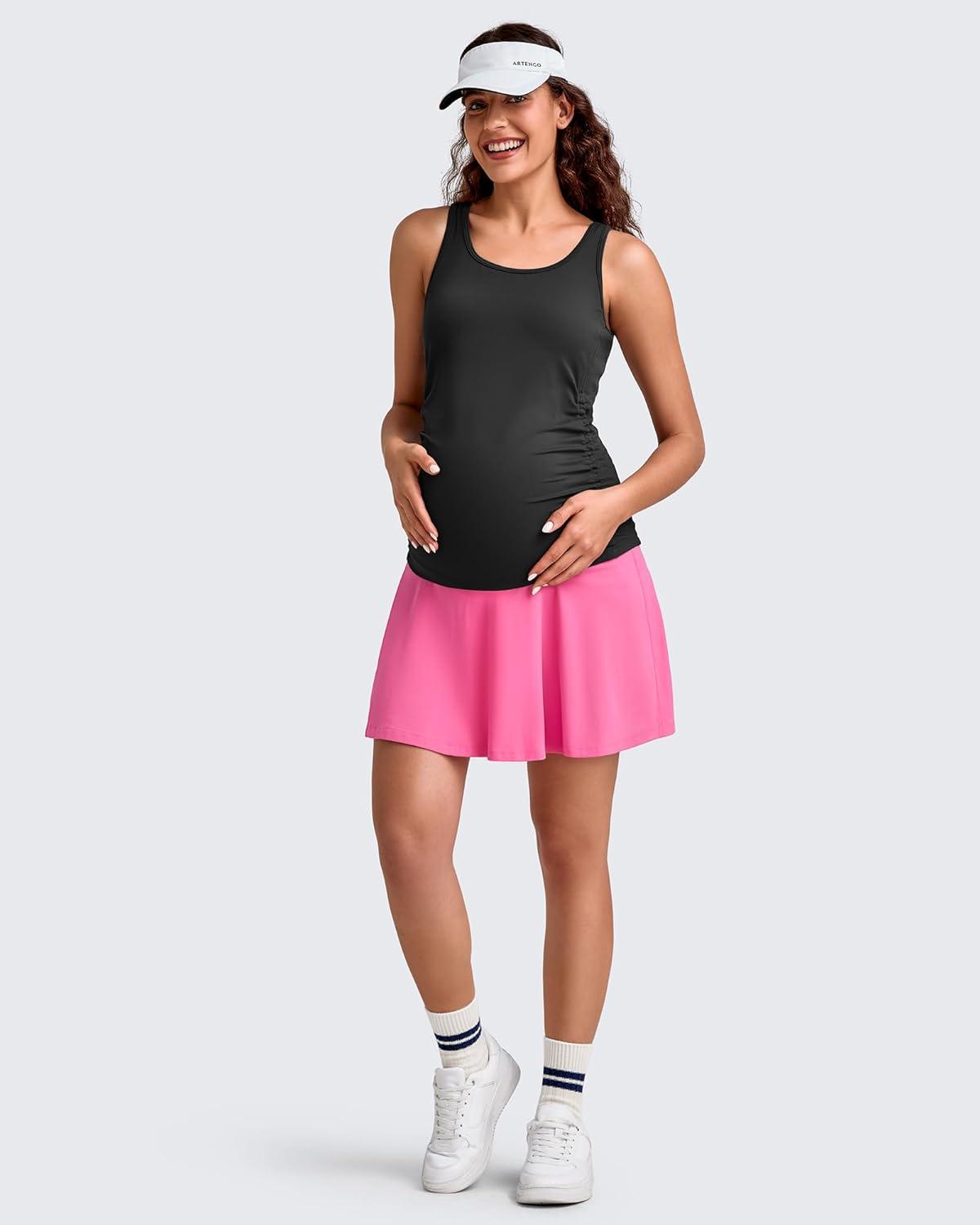 imageG4Free BareFeel Maternity Tennis Skirt with One Pocket Over The Belly Stretchy Pregnancy Workout Skorts Inner Shorts GolfRose Pink