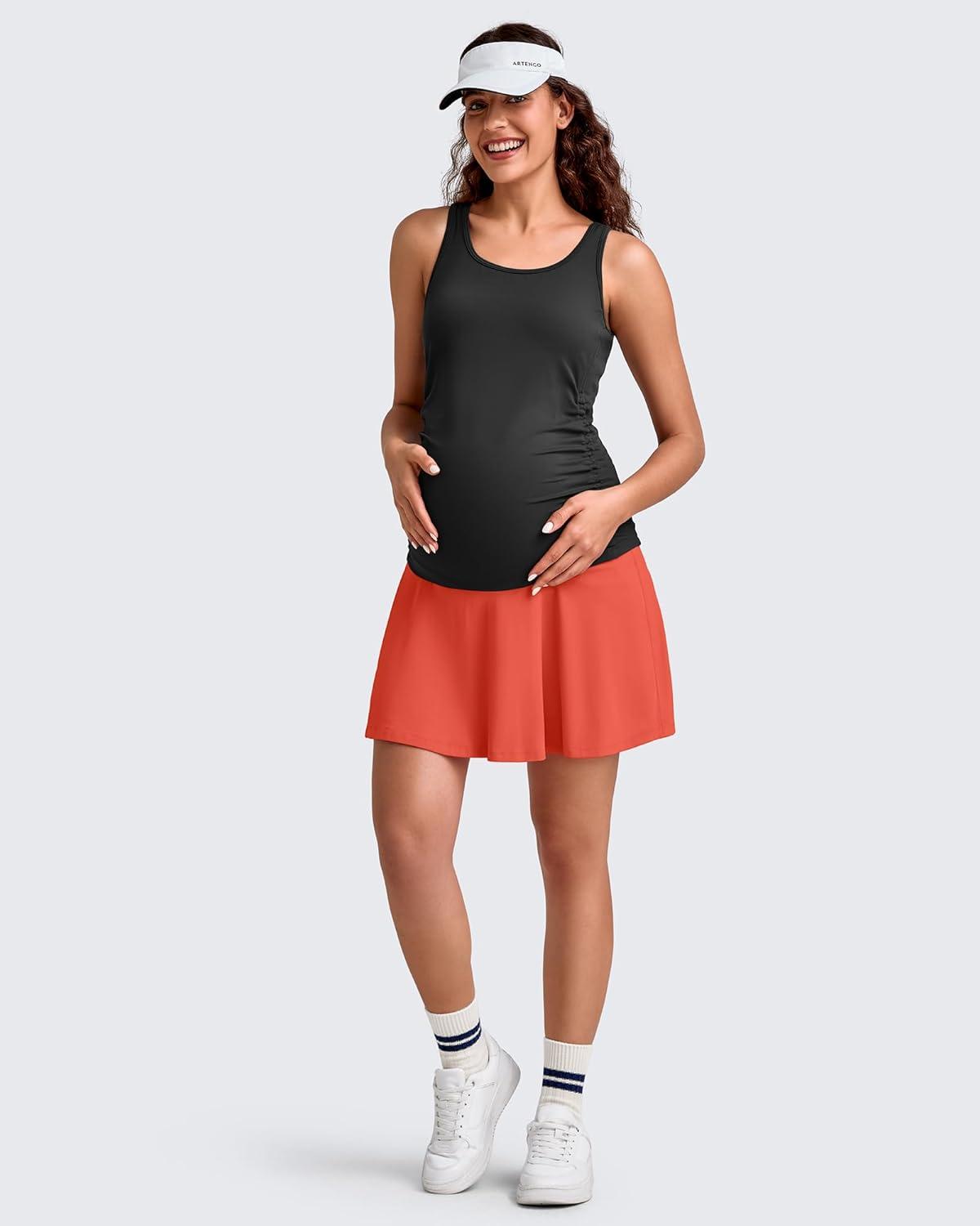 imageG4Free BareFeel Maternity Tennis Skirt with One Pocket Over The Belly Stretchy Pregnancy Workout Skorts Inner Shorts GolfRust Orange