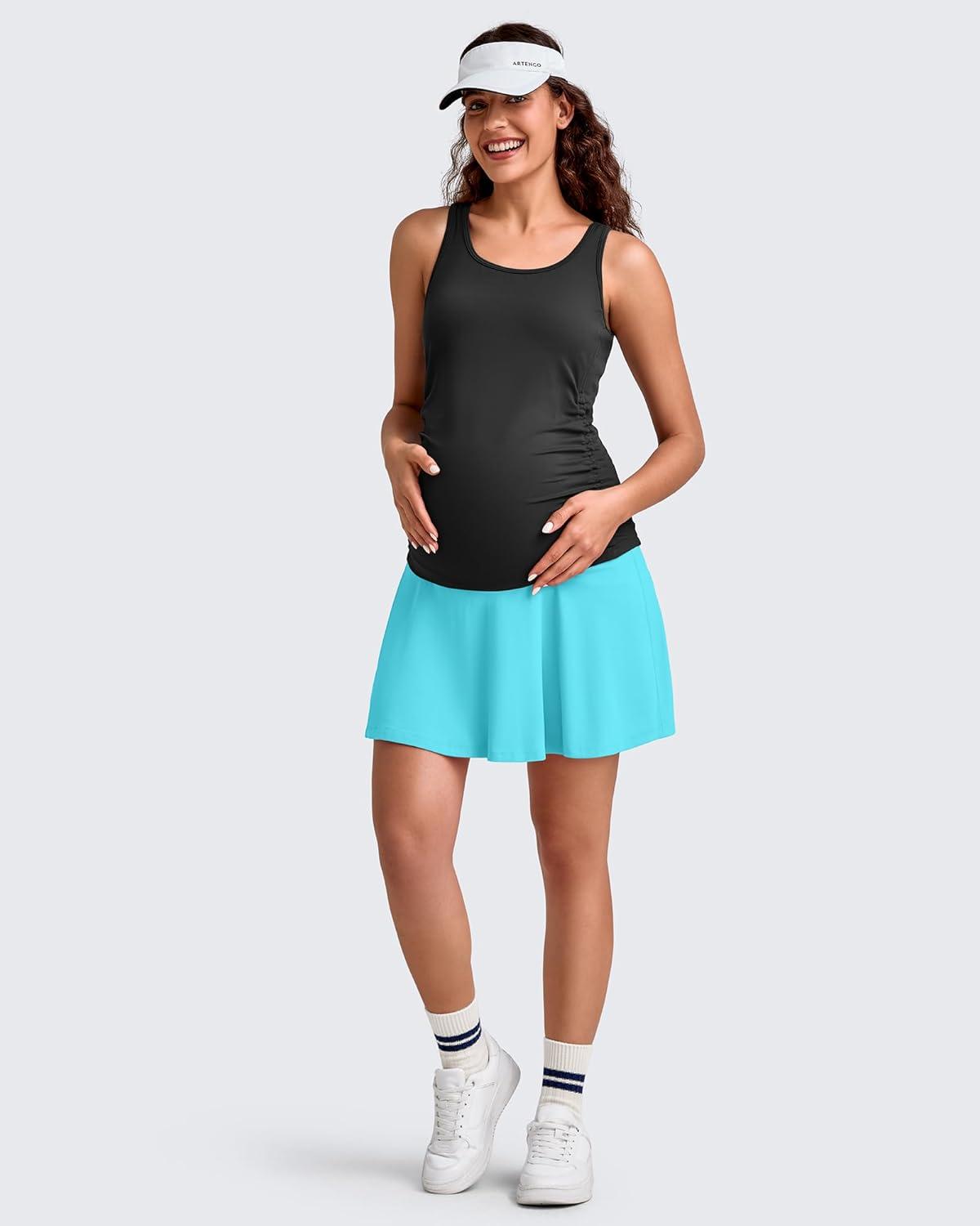 imageG4Free BareFeel Maternity Tennis Skirt with One Pocket Over The Belly Stretchy Pregnancy Workout Skorts Inner Shorts GolfSky Blue