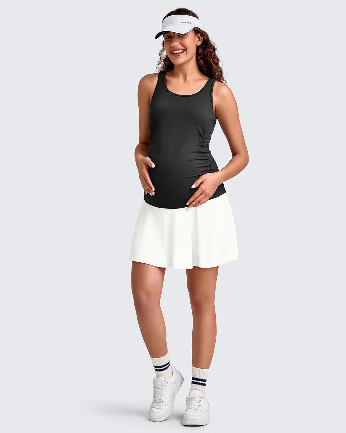 imageG4Free BareFeel Maternity Tennis Skirt with One Pocket Over The Belly Stretchy Pregnancy Workout Skorts Inner Shorts GolfWhite