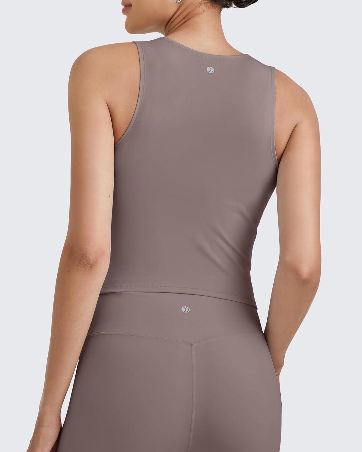 imageG4Free BareFeel Womens Cropped Tank Tops Half Zip Workout Athletic Shirts Sleeveless for Gym Tennis Slim FitTaupe