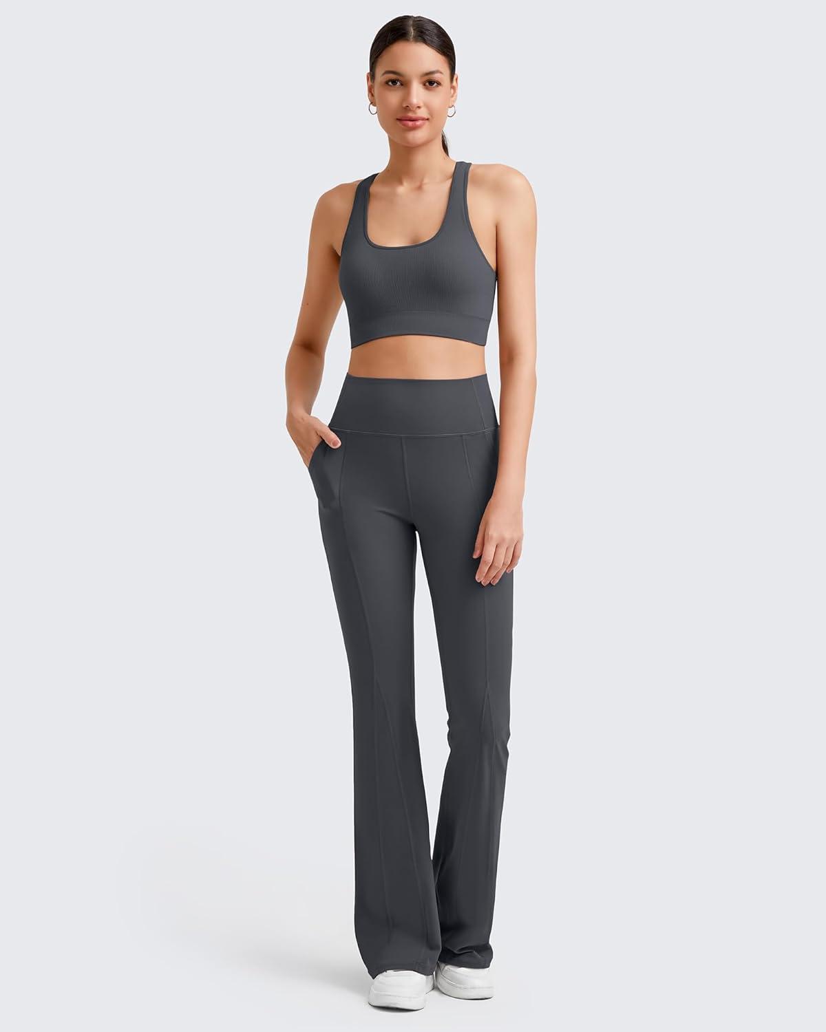 imageG4Free BareFeel Yoga Pants Women High Waisted Flared Leggings with Pockets Soft Casual Flare Pants 29quot31quot33quotDeep Grey