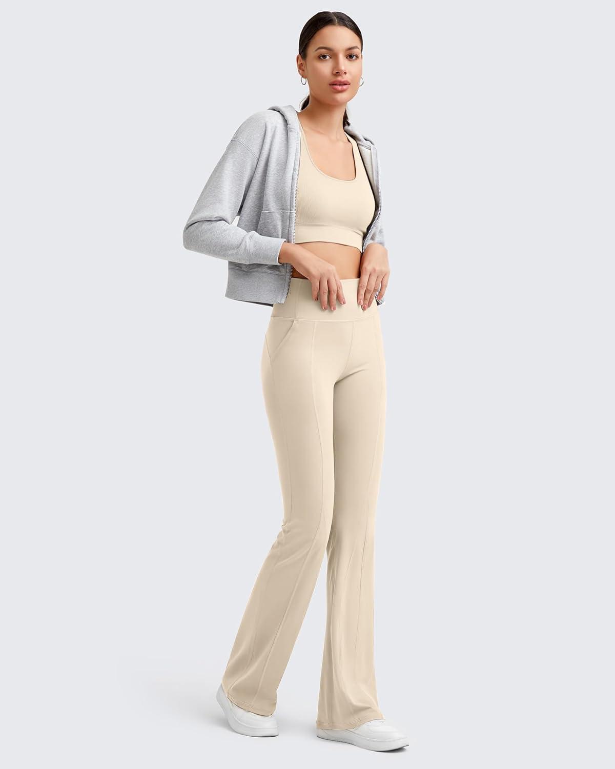 imageG4Free BareFeel Yoga Pants Women High Waisted Flared Leggings with Pockets Soft Casual Flare Pants 29quot31quot33quotLight Khaki