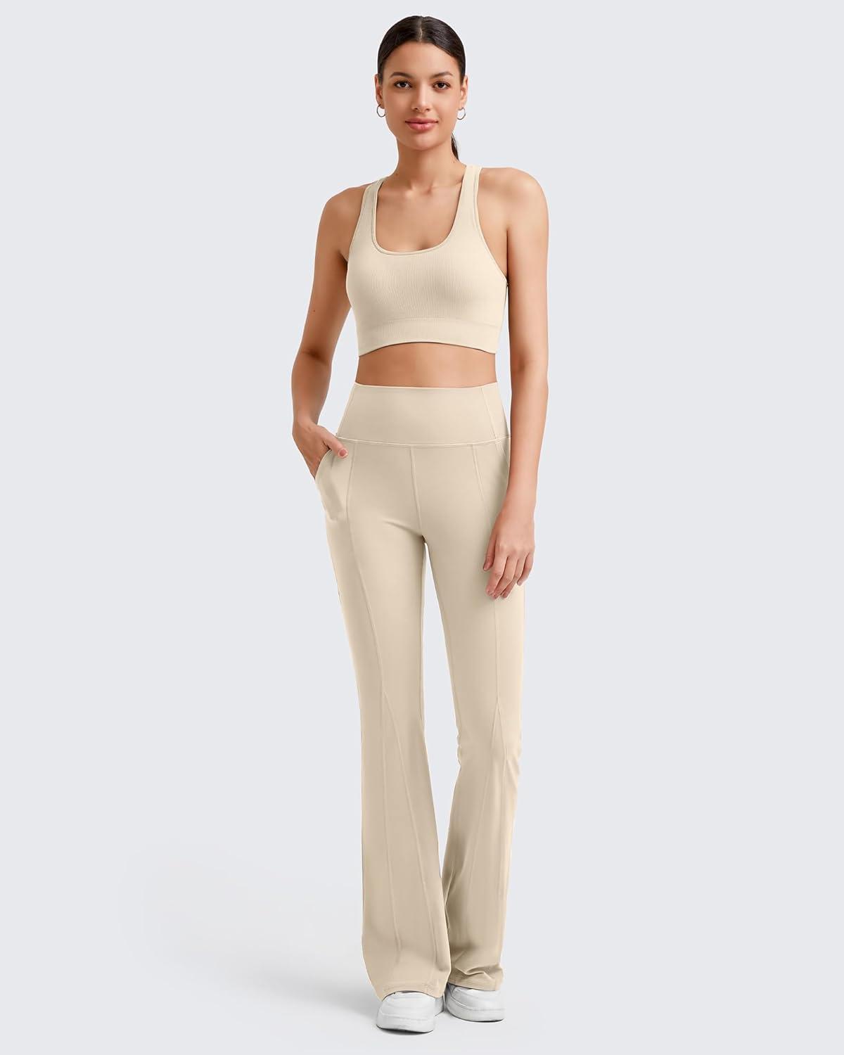 imageG4Free BareFeel Yoga Pants Women High Waisted Flared Leggings with Pockets Soft Casual Flare Pants 29quot31quot33quotLight Khaki