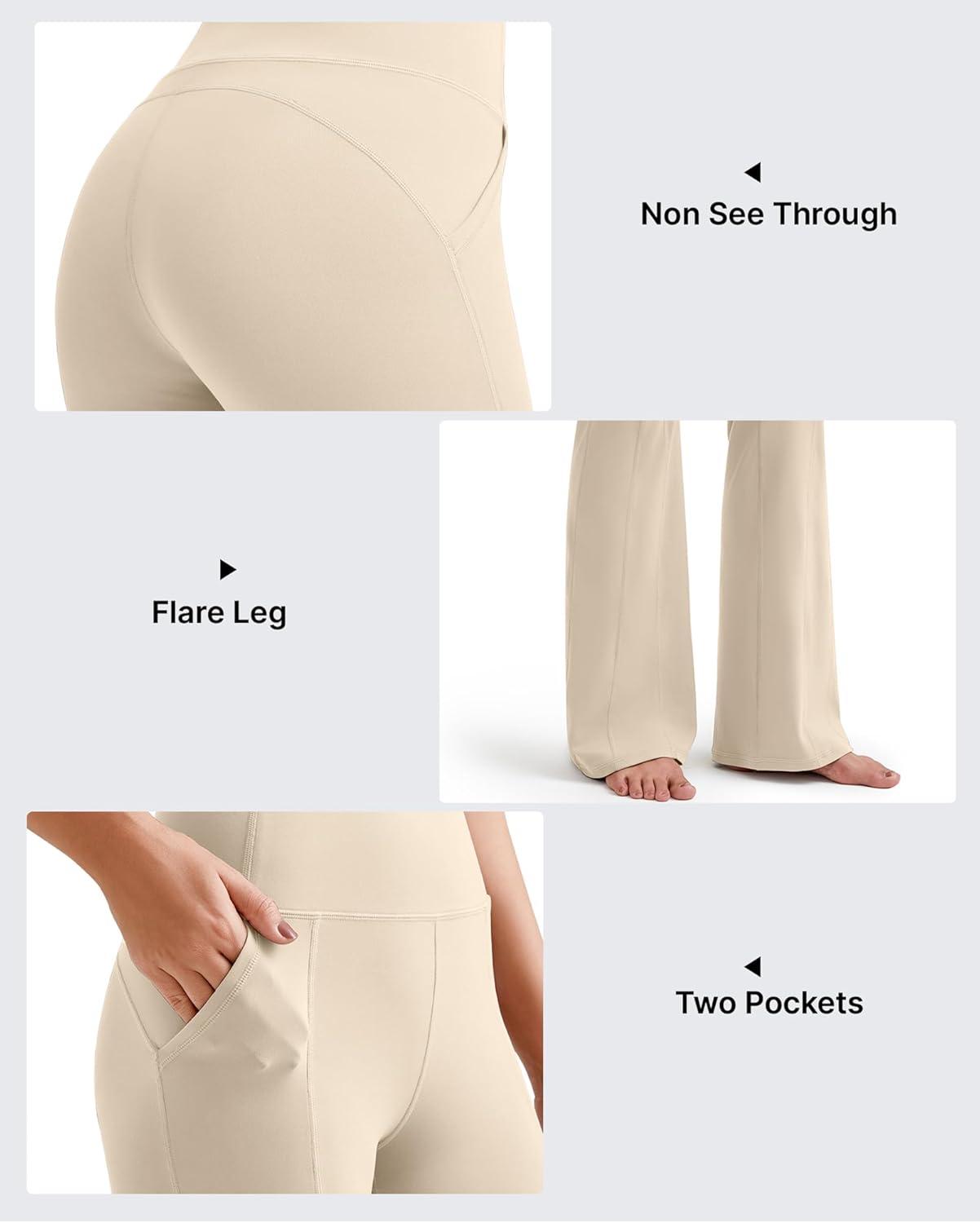 imageG4Free BareFeel Yoga Pants Women High Waisted Flared Leggings with Pockets Soft Casual Flare Pants 29quot31quot33quotLight Khaki