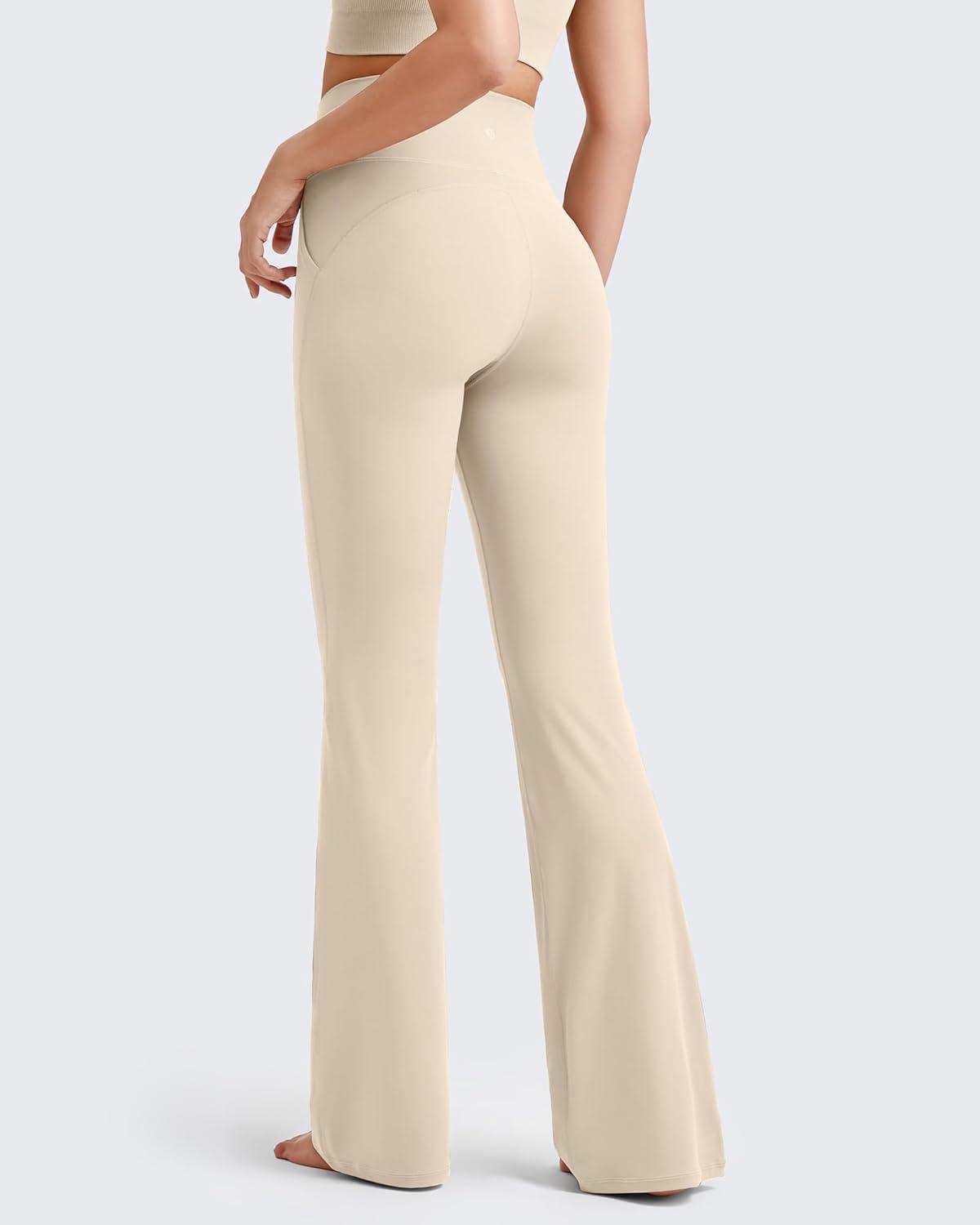 imageG4Free BareFeel Yoga Pants Women High Waisted Flared Leggings with Pockets Soft Casual Flare Pants 29quot31quot33quotLight Khaki