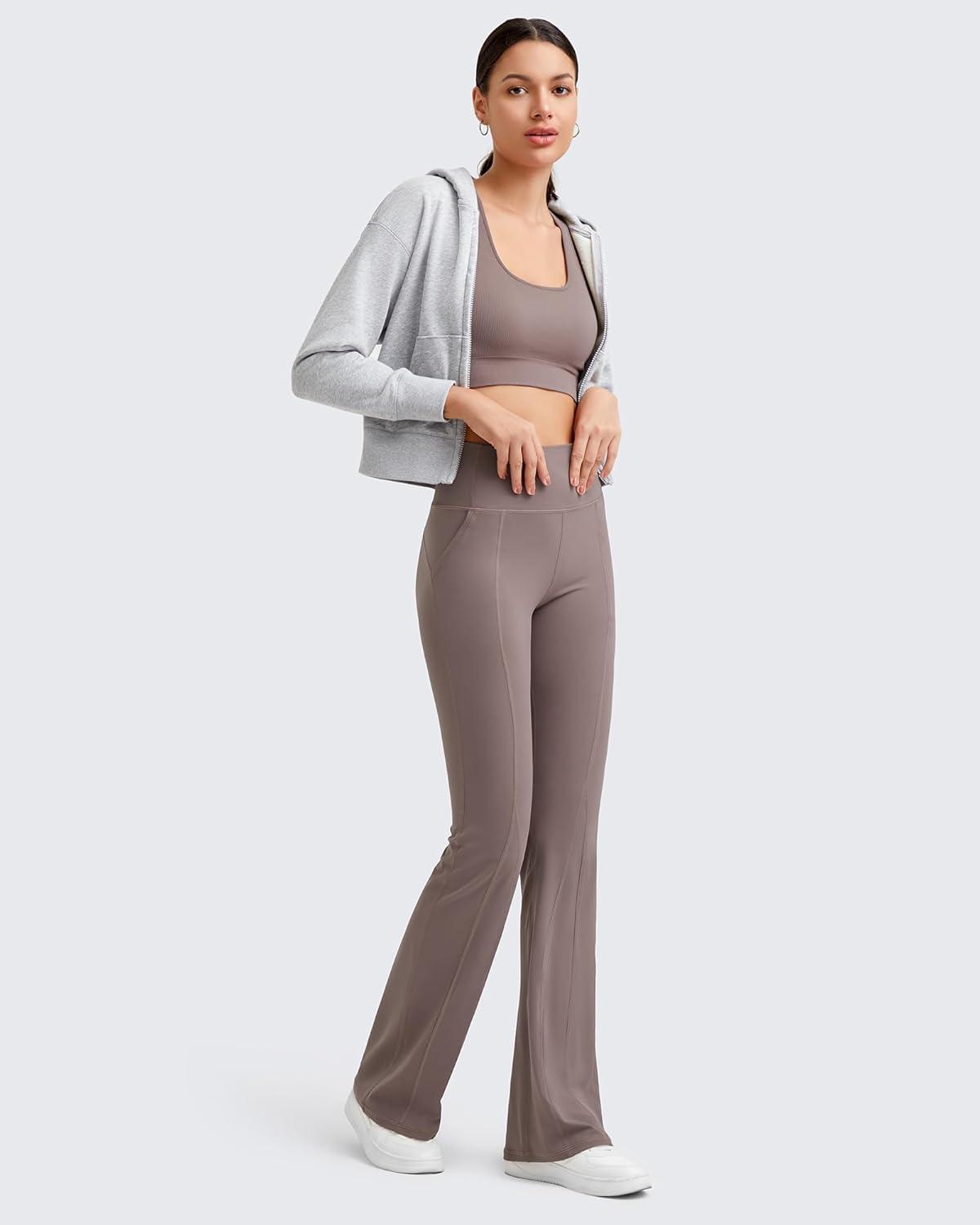 imageG4Free BareFeel Yoga Pants Women High Waisted Flared Leggings with Pockets Soft Casual Flare Pants 29quot31quot33quotTaupe