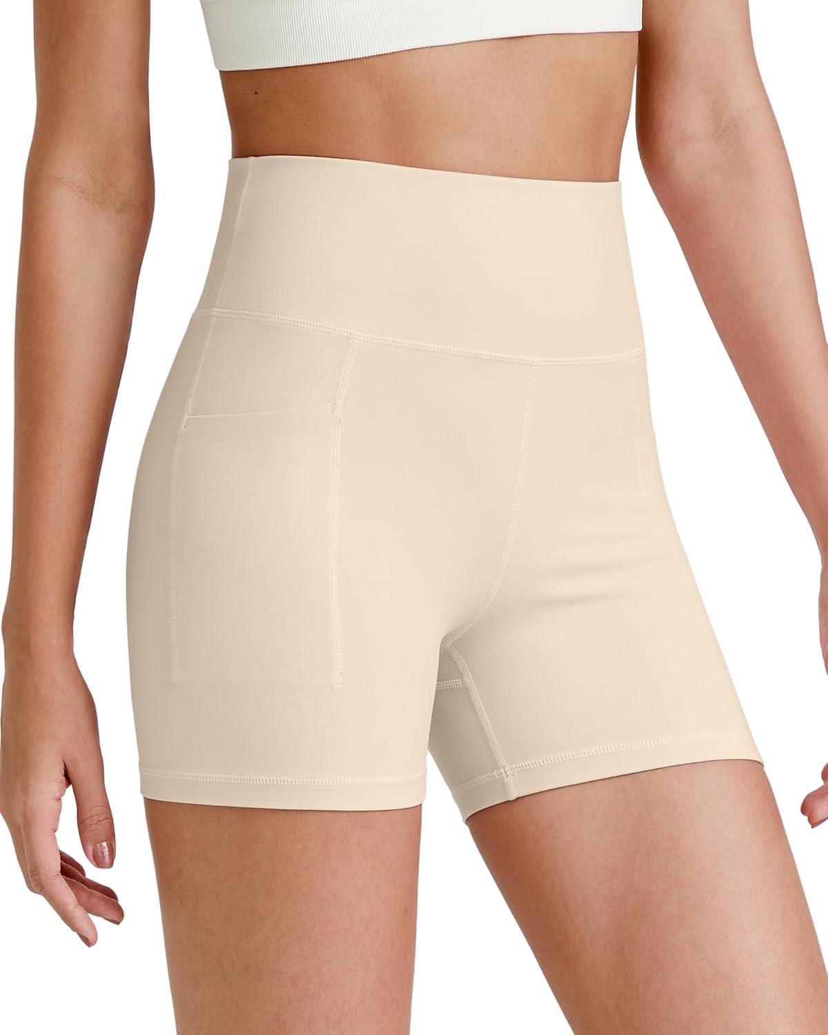 imageG4Free Barefeel Biker Shorts for Women with Pockets High Waisted Workout Athletic Gym Legging Shorts 4quot6quotLight Khaki