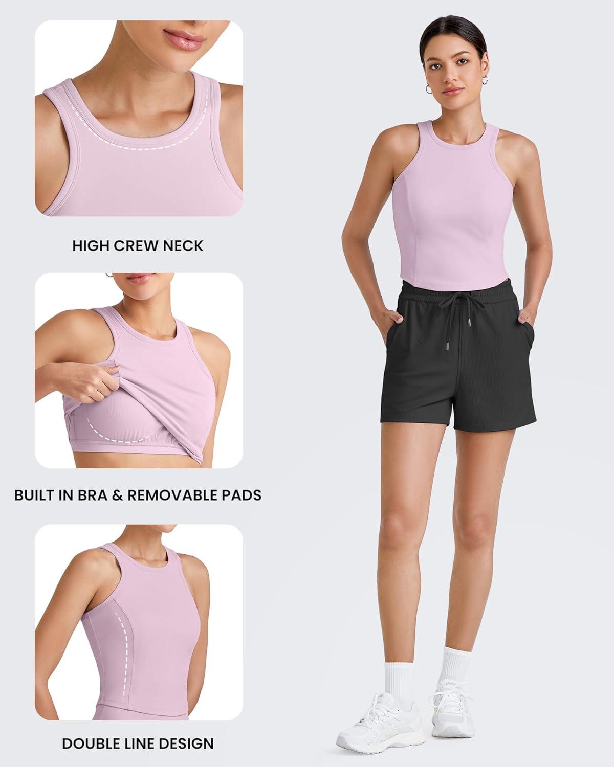 imageG4Free Barefeel Built in Bra Workout Tops for Women Removable Pads Longline Sport Bras Racerback Athletic Tank Yoga GymPink