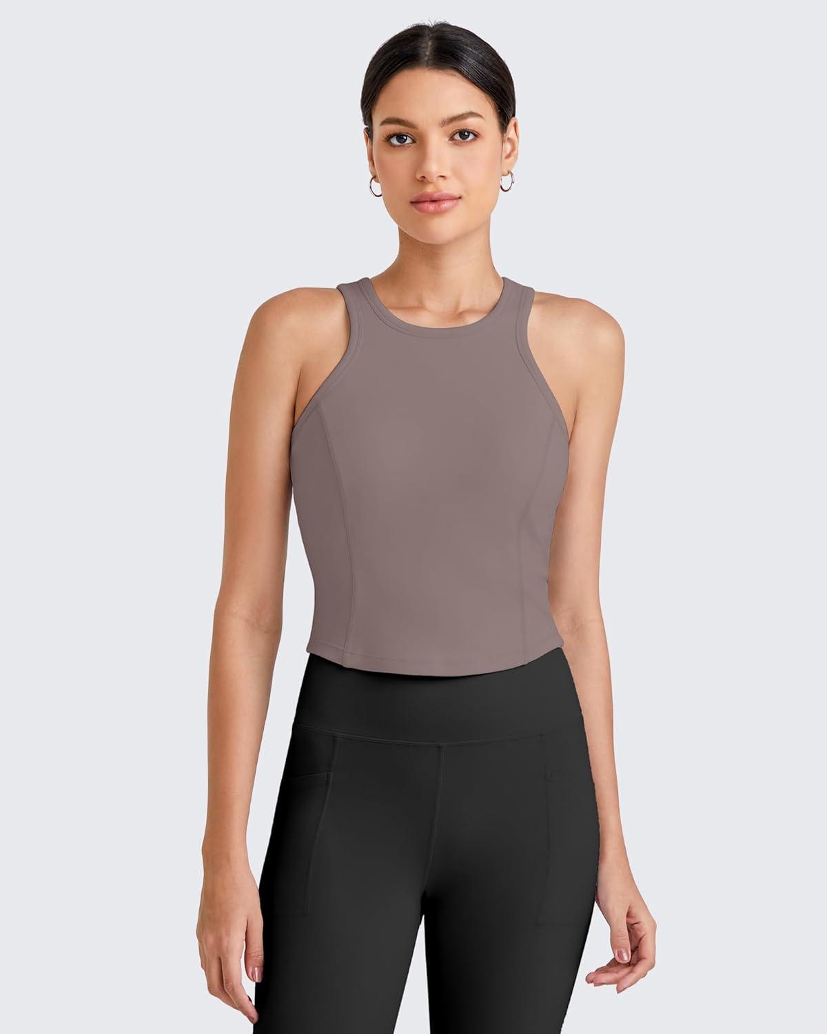 imageG4Free Barefeel Built in Bra Workout Tops for Women Removable Pads Longline Sport Bras Racerback Athletic Tank Yoga GymTaupe