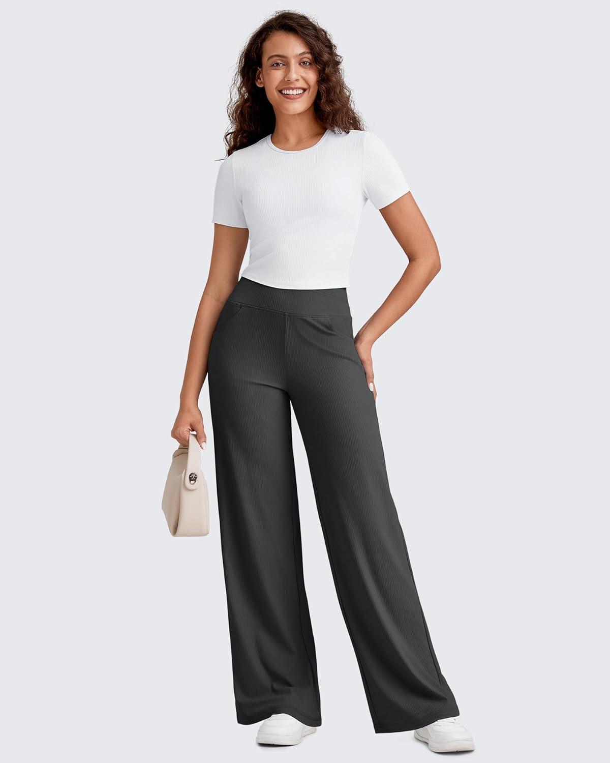 imageG4Free Breathable Ribbed Wide Leg Pants Women Casual Lightweight High Waist Yoga Pants with Pockets PetiteRegularTallBlack
