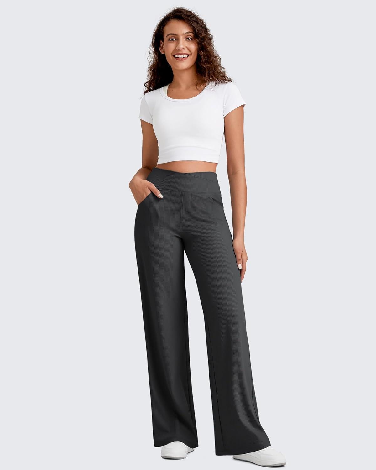 imageG4Free Breathable Ribbed Wide Leg Pants Women Casual Lightweight High Waist Yoga Pants with Pockets PetiteRegularTallBlack