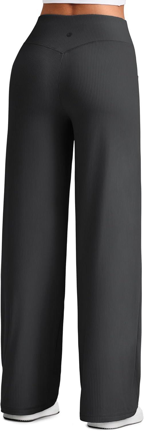 imageG4Free Breathable Ribbed Wide Leg Pants Women Casual Lightweight High Waist Yoga Pants with Pockets PetiteRegularTallBlack