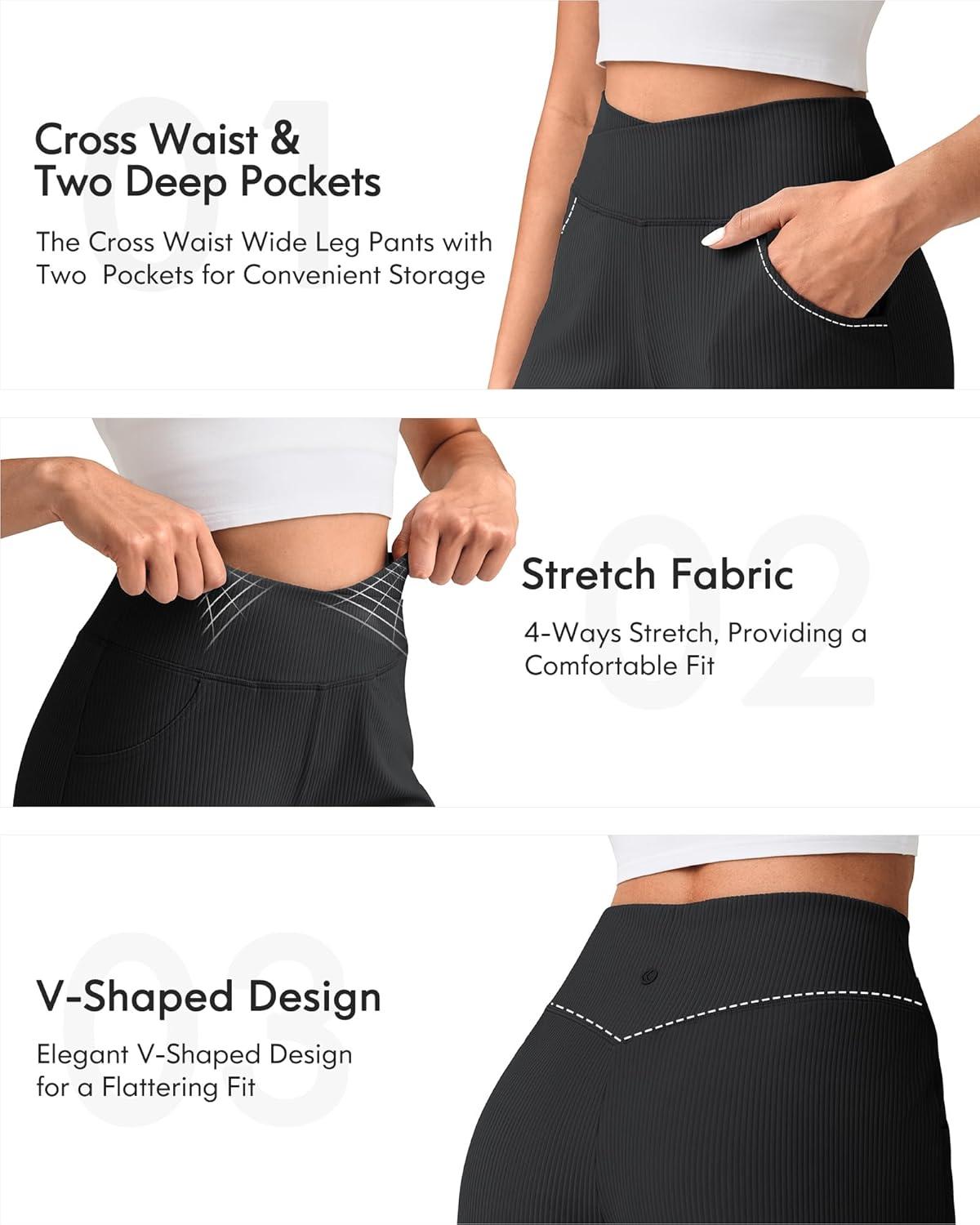 imageG4Free Breathable Ribbed Wide Leg Pants Women Casual Lightweight High Waist Yoga Pants with Pockets PetiteRegularTallBlack