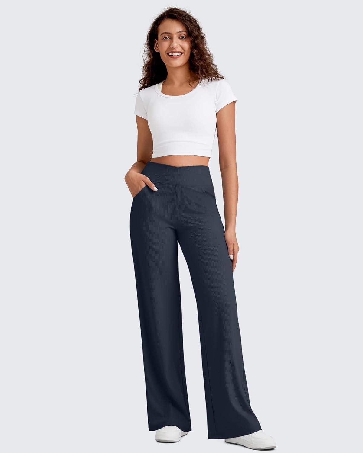 imageG4Free Breathable Ribbed Wide Leg Pants Women Casual Lightweight High Waist Yoga Pants with Pockets PetiteRegularTallDark Navy