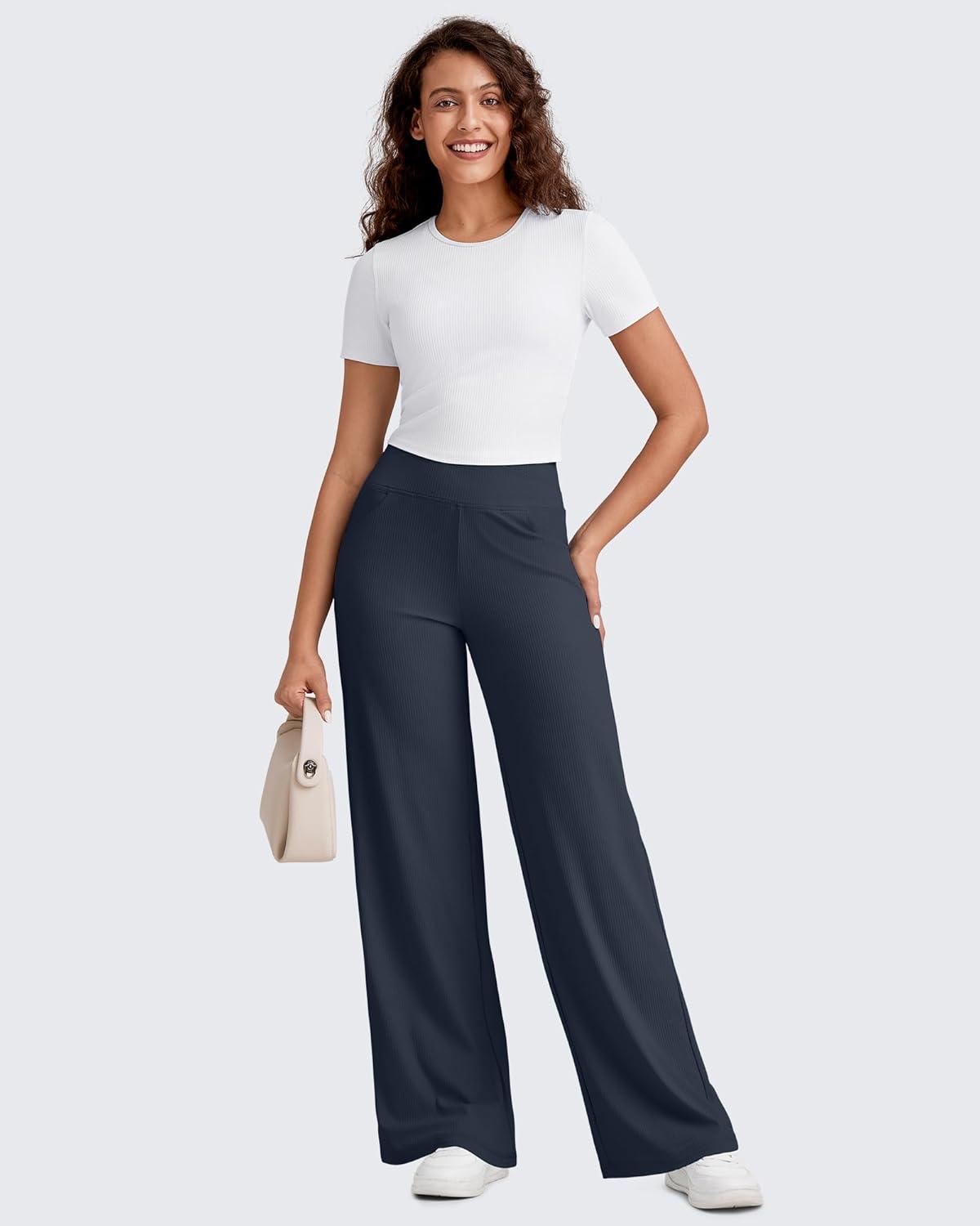 imageG4Free Breathable Ribbed Wide Leg Pants Women Casual Lightweight High Waist Yoga Pants with Pockets PetiteRegularTallDark Navy