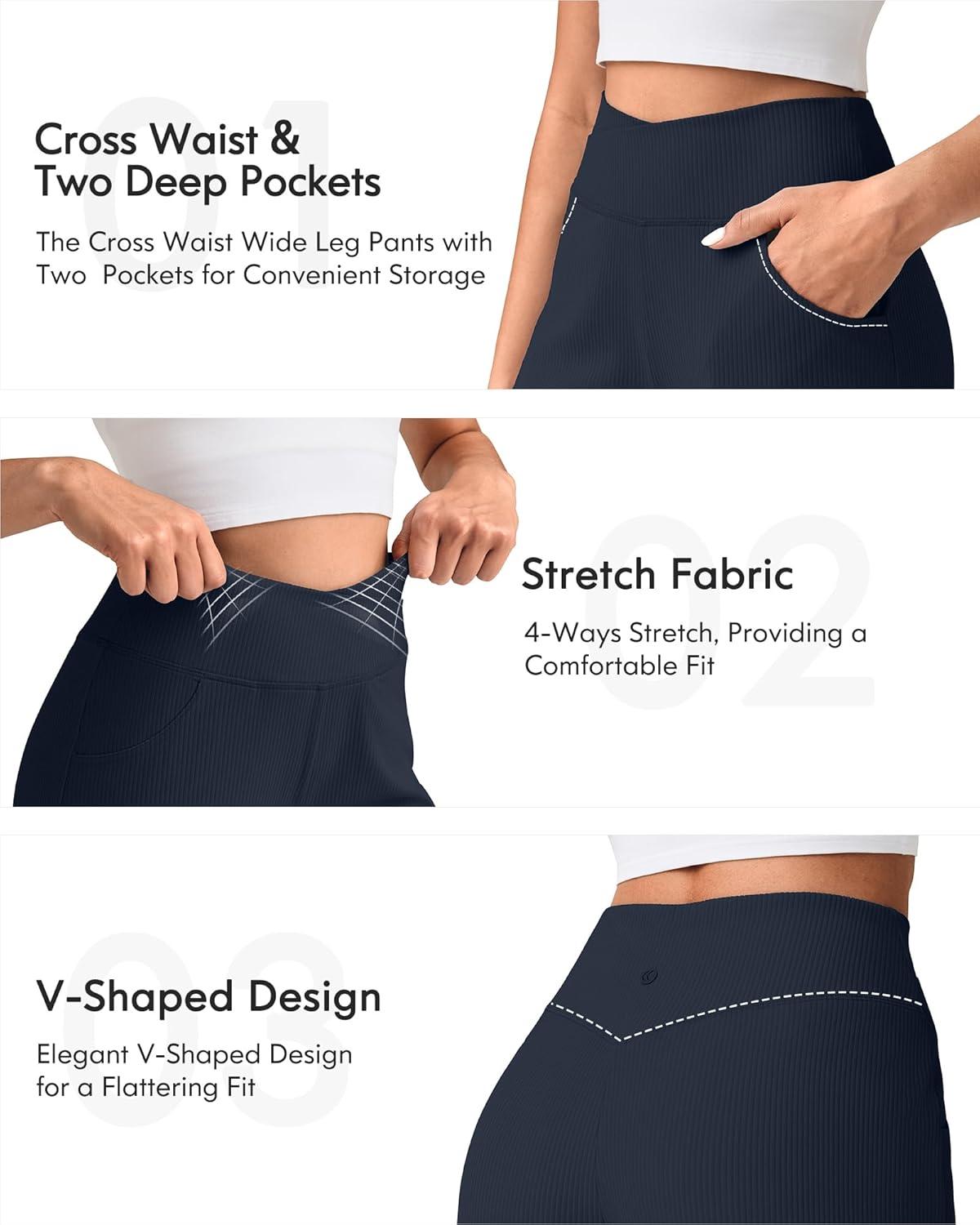 imageG4Free Breathable Ribbed Wide Leg Pants Women Casual Lightweight High Waist Yoga Pants with Pockets PetiteRegularTallDark Navy