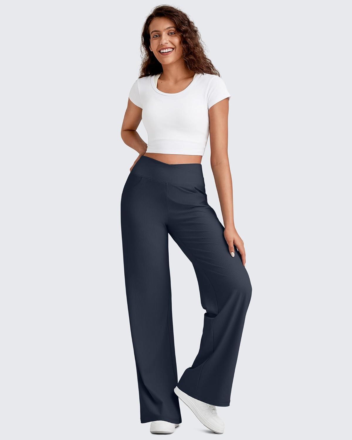 imageG4Free Breathable Ribbed Wide Leg Pants Women Casual Lightweight High Waist Yoga Pants with Pockets PetiteRegularTallDark Navy