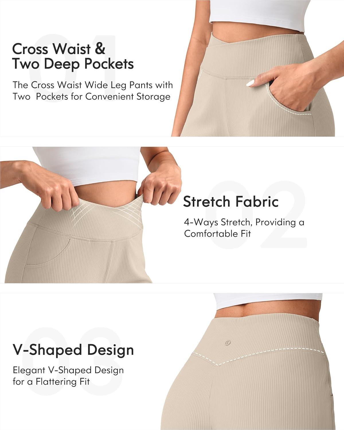 imageG4Free Breathable Ribbed Wide Leg Pants Women Casual Lightweight High Waist Yoga Pants with Pockets PetiteRegularTallLight Khaki