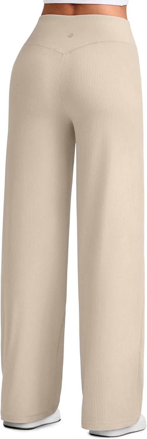 imageG4Free Breathable Ribbed Wide Leg Pants Women Casual Lightweight High Waist Yoga Pants with Pockets PetiteRegularTallLight Khaki