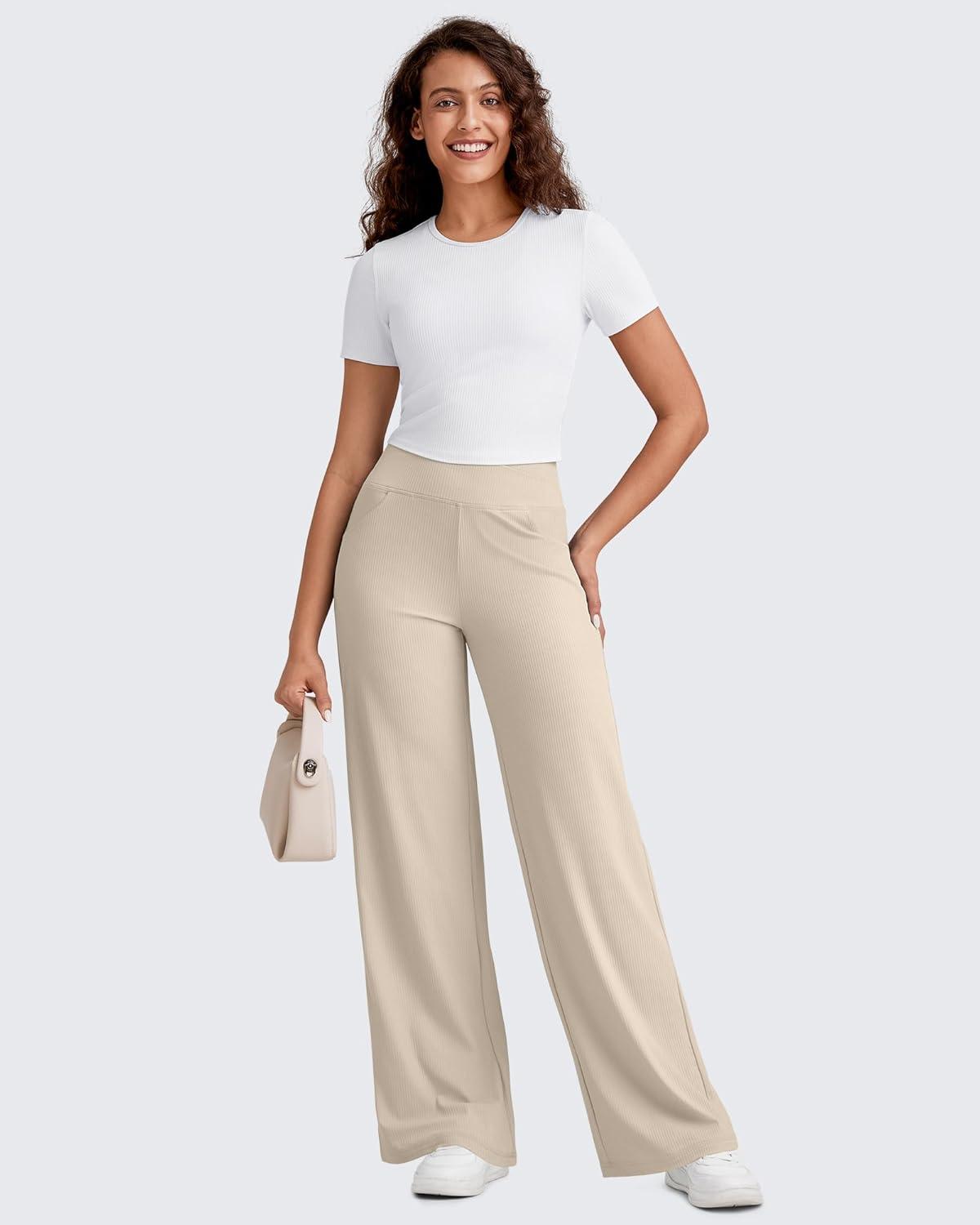 imageG4Free Breathable Ribbed Wide Leg Pants Women Casual Lightweight High Waist Yoga Pants with Pockets PetiteRegularTallLight Khaki